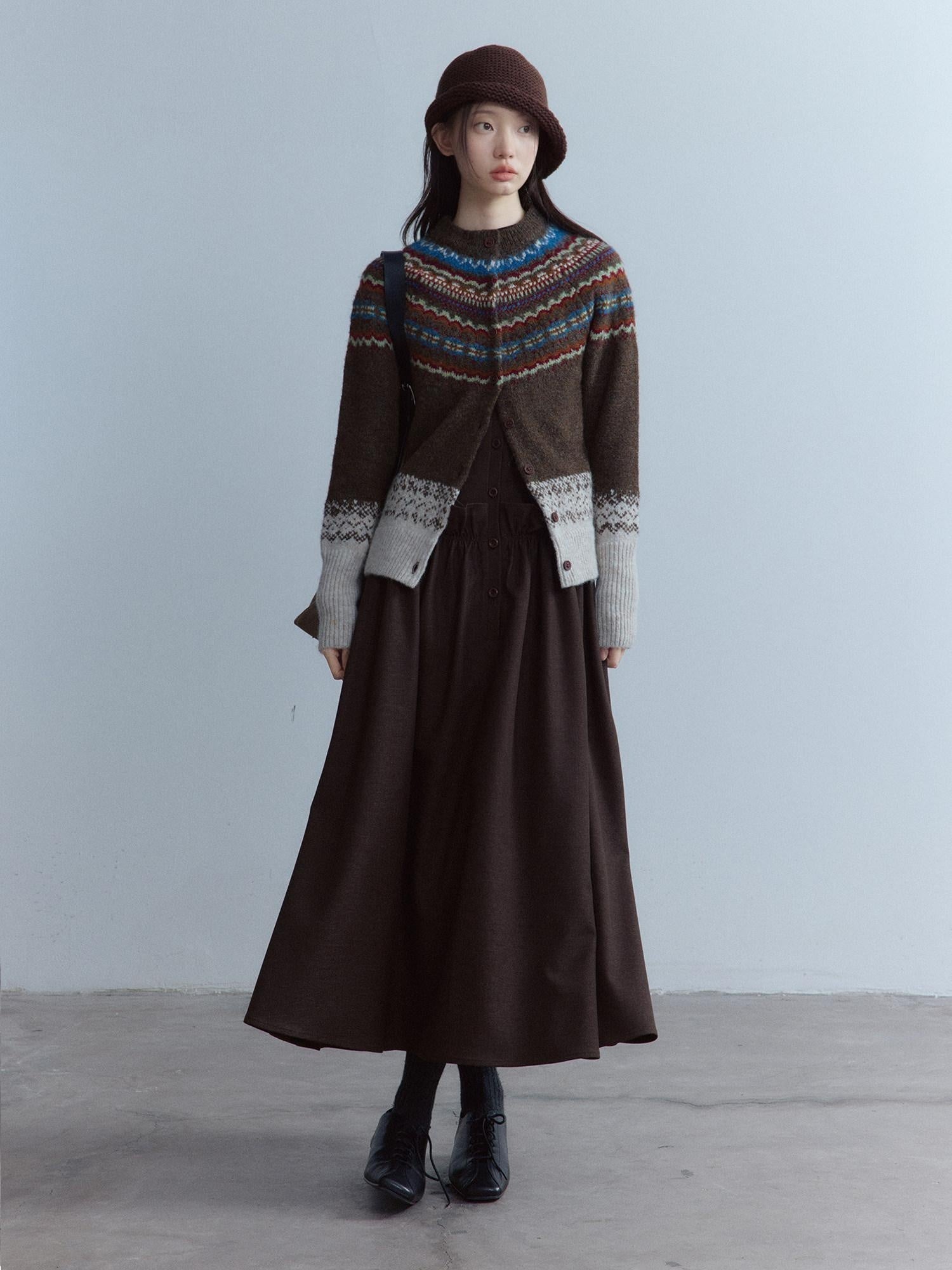 FUSSED Warm Thick Slim Jacquard Girly Raglan Crew Button Casual Fair Isle Cardigans