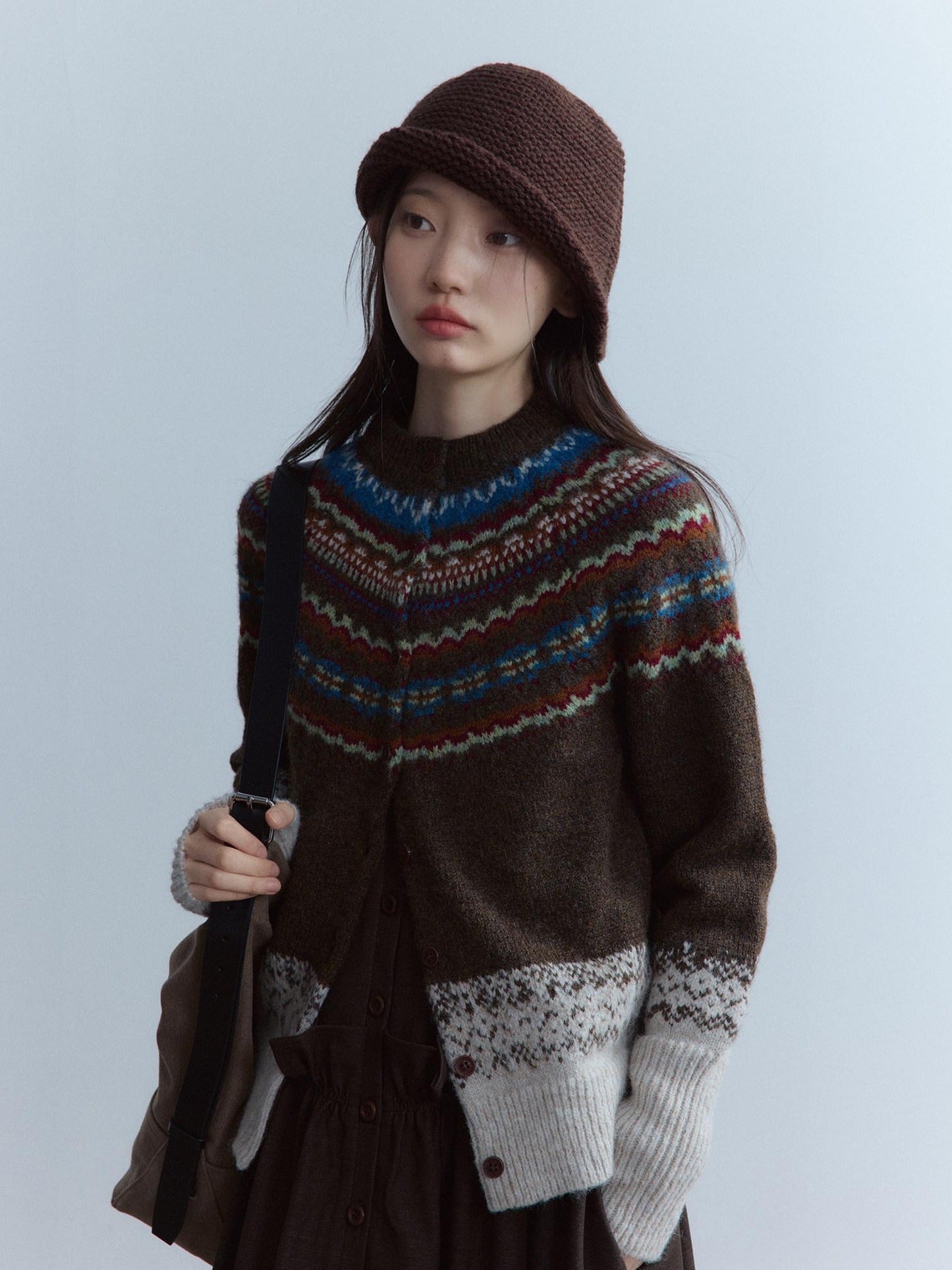 FUSSED Warm Thick Slim Jacquard Girly Raglan Crew Button Casual Fair Isle Cardigans
