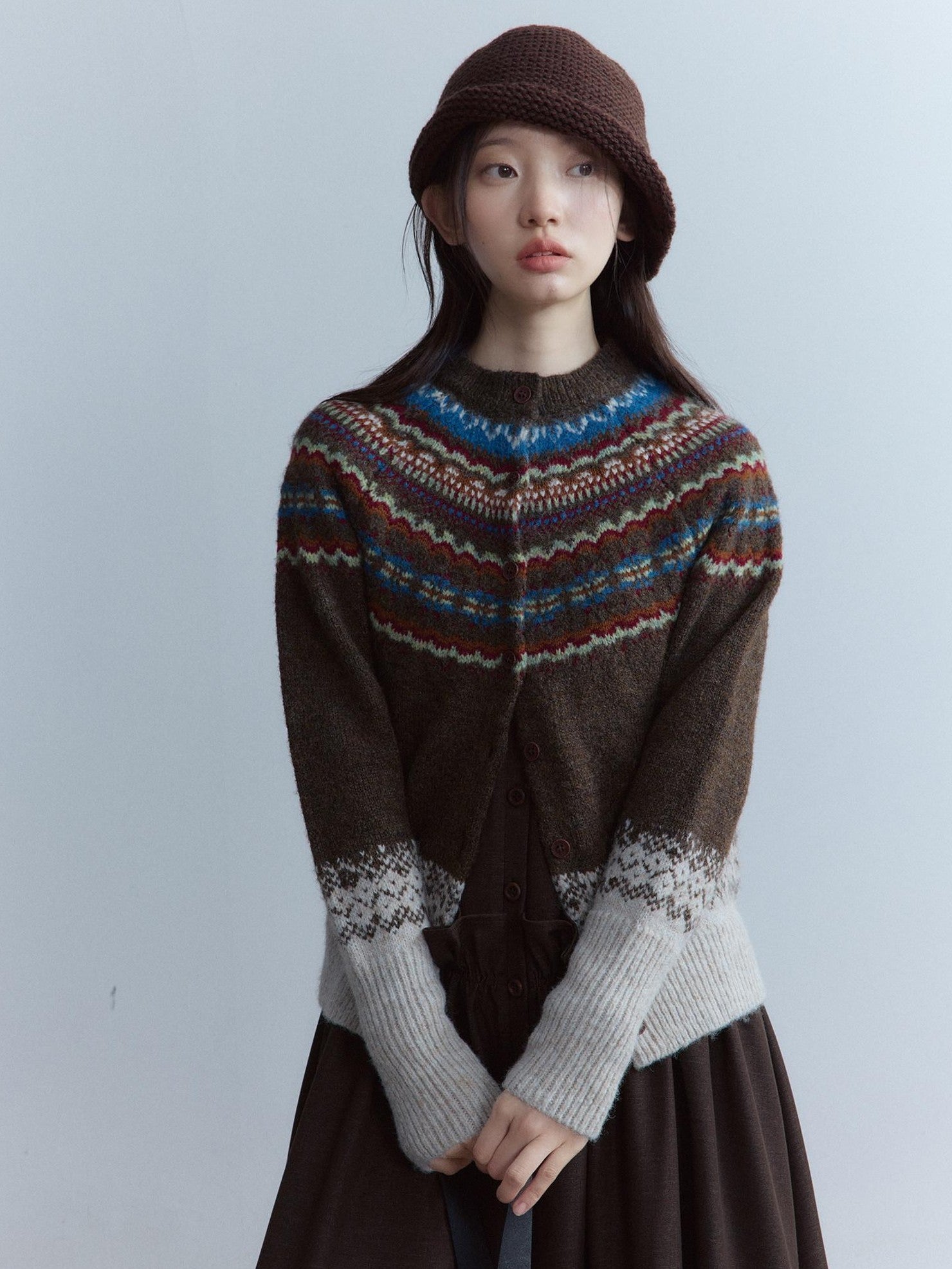 FUSSED Warm Thick Slim Jacquard Girly Raglan Crew Button Casual Fair Isle Cardigans