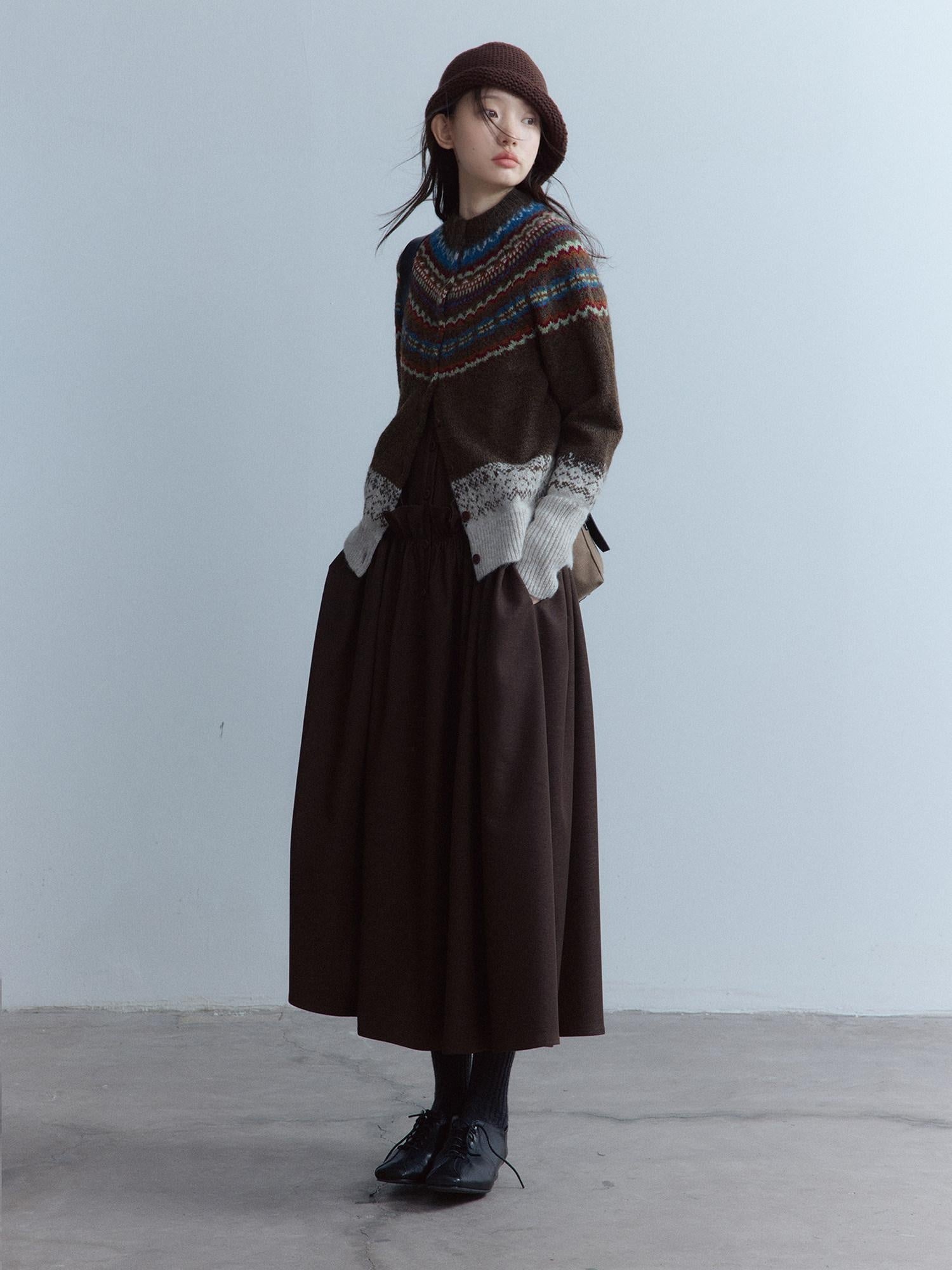 FUSSED Warm Thick Slim Jacquard Girly Raglan Crew Button Casual Fair Isle Cardigans