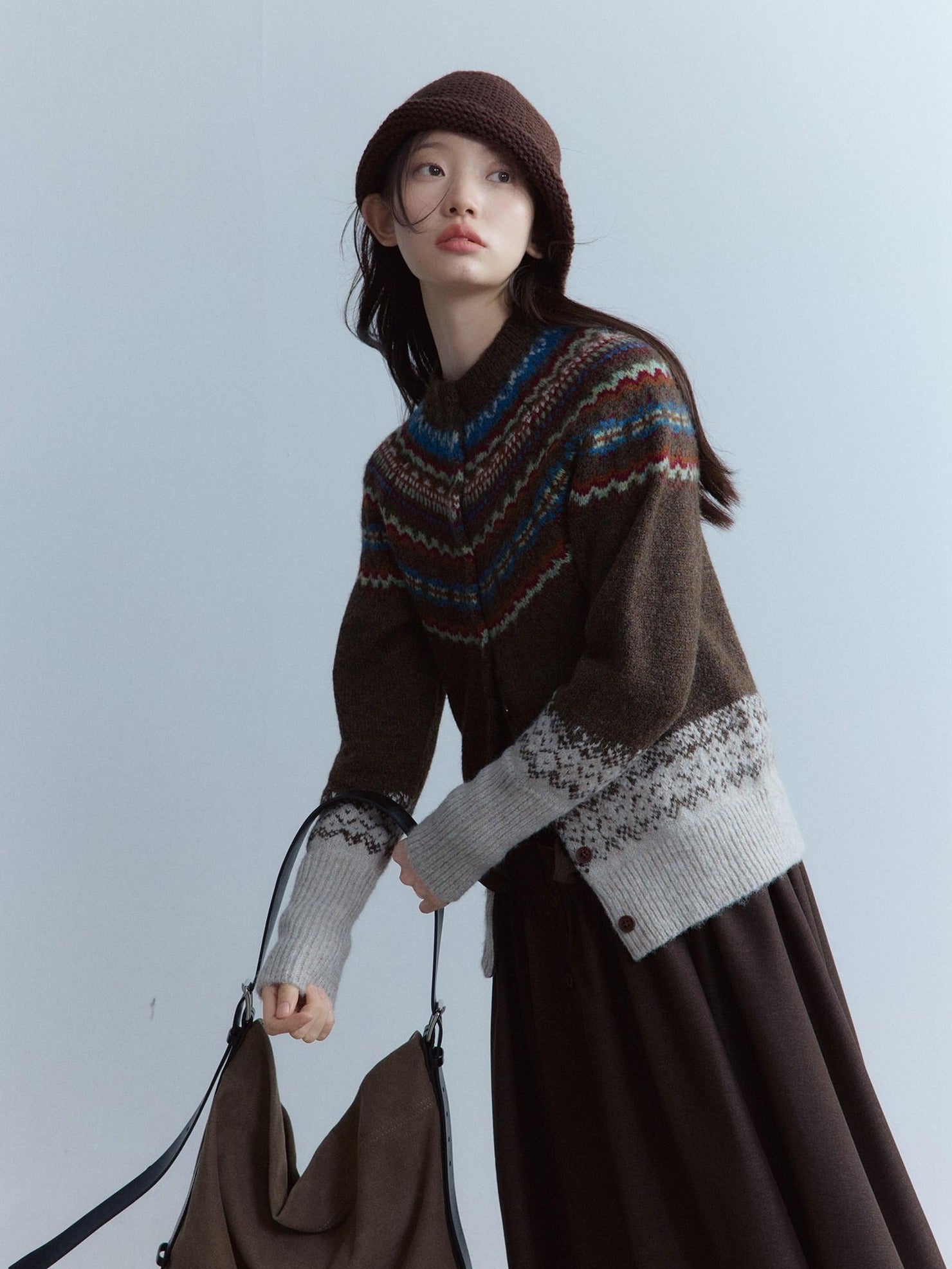 FUSSED Warm Thick Slim Jacquard Girly Raglan Crew Button Casual Fair Isle Cardigans