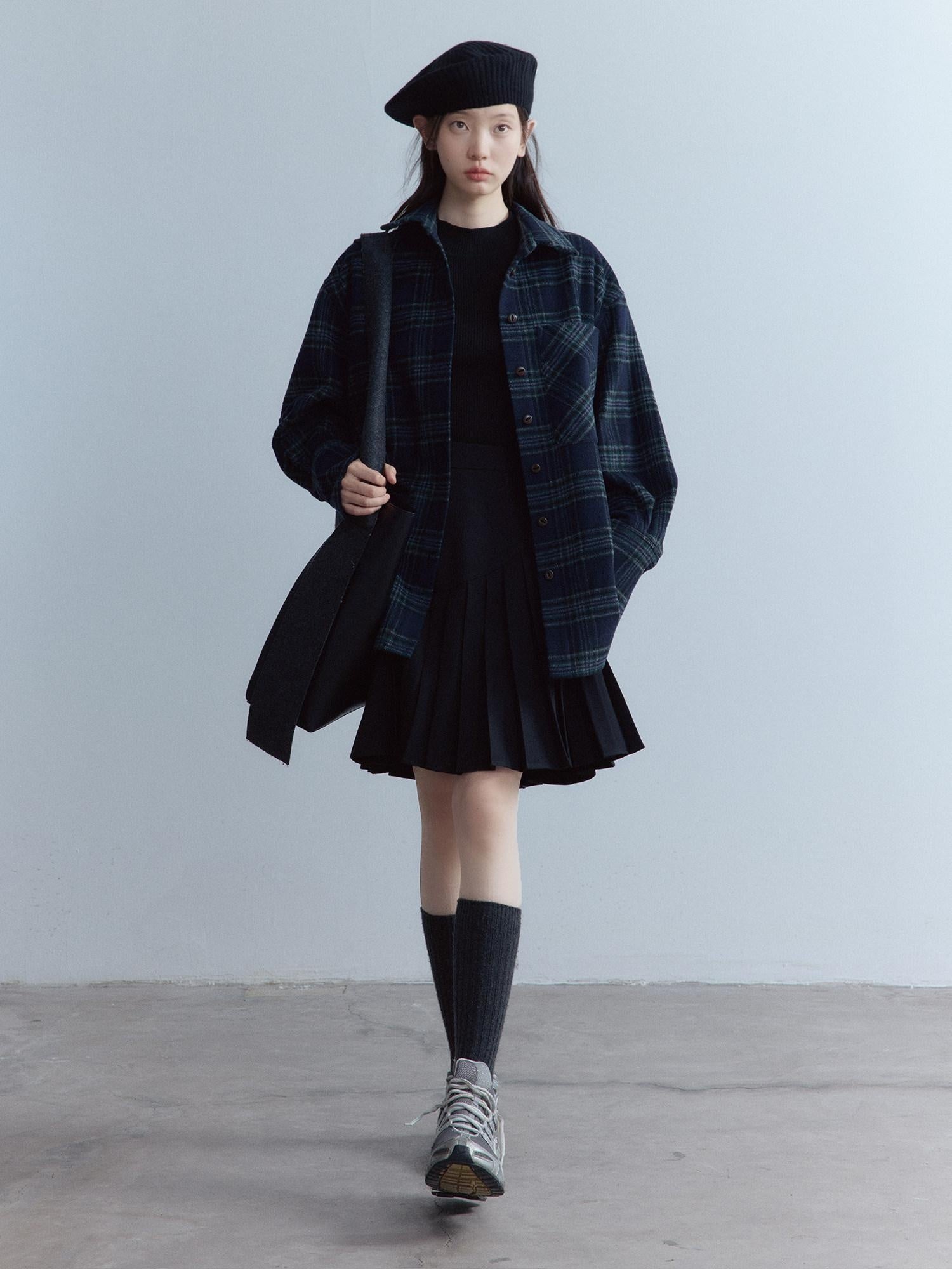 FUSSED Warm Vintage Oversized Plaid Long Sleeve Button Front Lapel Collar Women Shirt