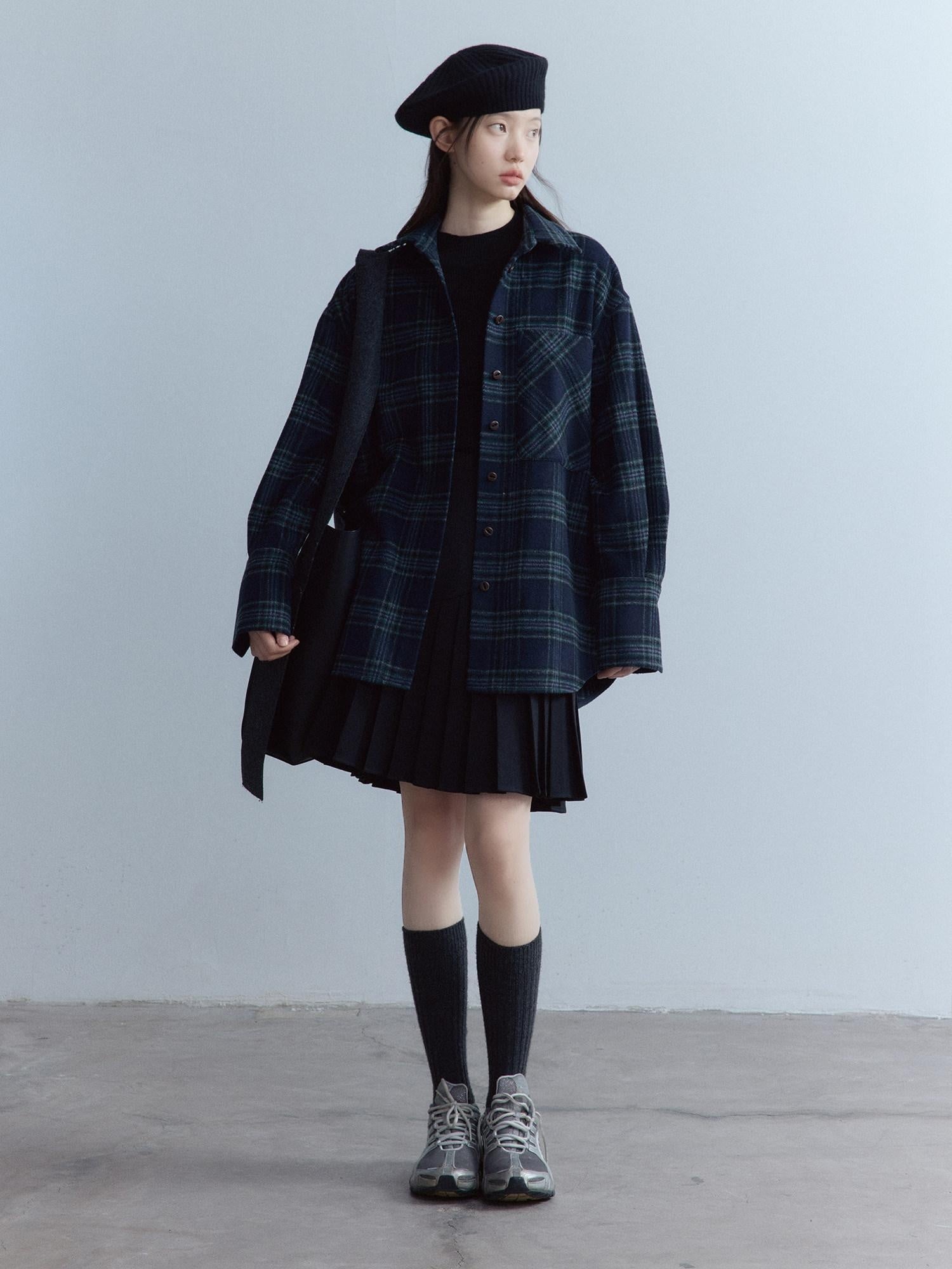 FUSSED Warm Vintage Oversized Plaid Long Sleeve Button Front Lapel Collar Women Shirt