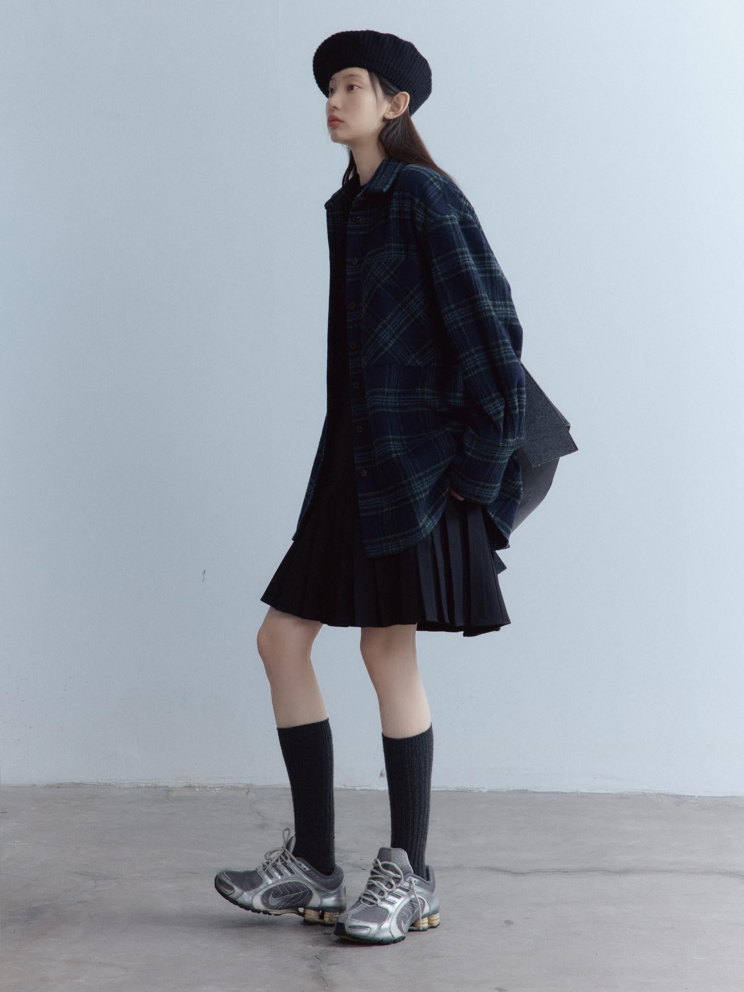 FUSSED Warm Vintage Oversized Plaid Long Sleeve Button Front Lapel Collar Women Shirt
