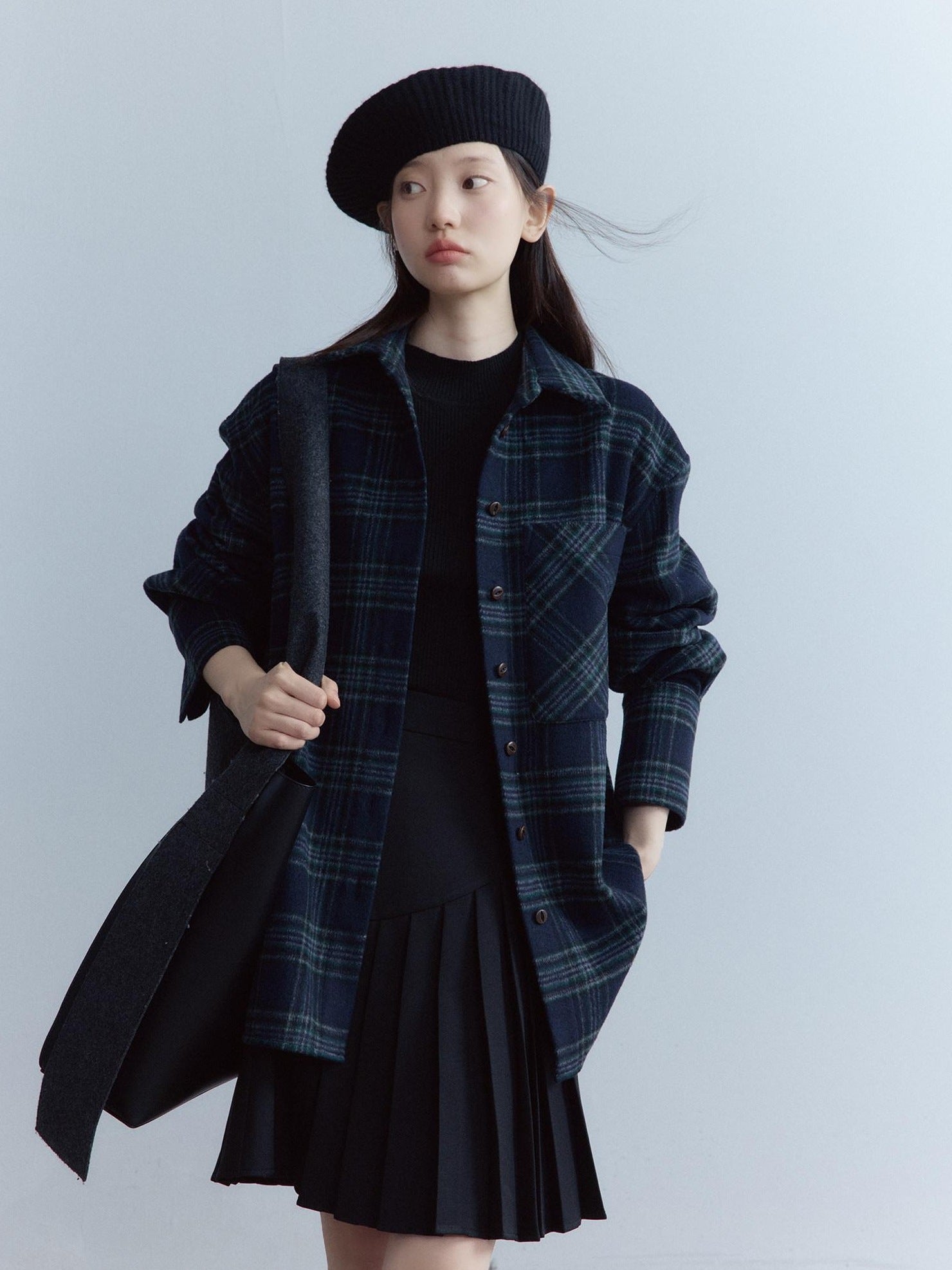 FUSSED Warm Vintage Oversized Plaid Long Sleeve Button Front Lapel Collar Women Shirt