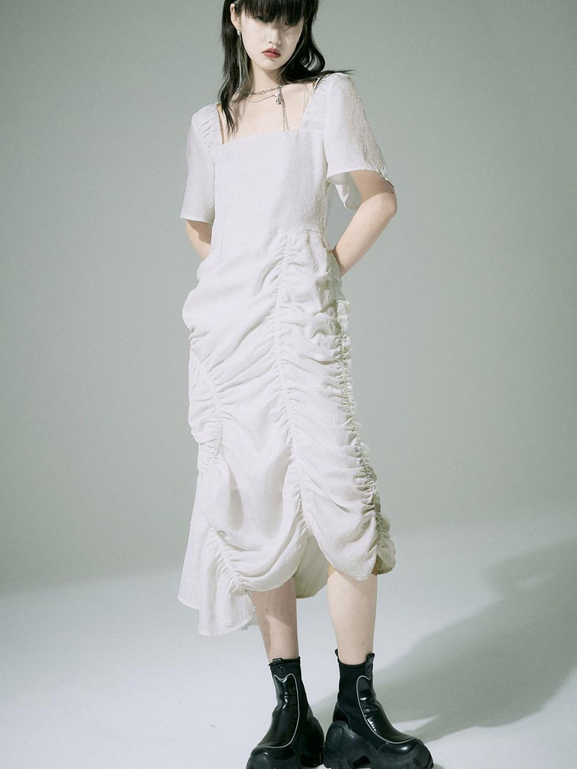 FUSSED White Jacquard Asymmetric Ruched Square Neck Women&