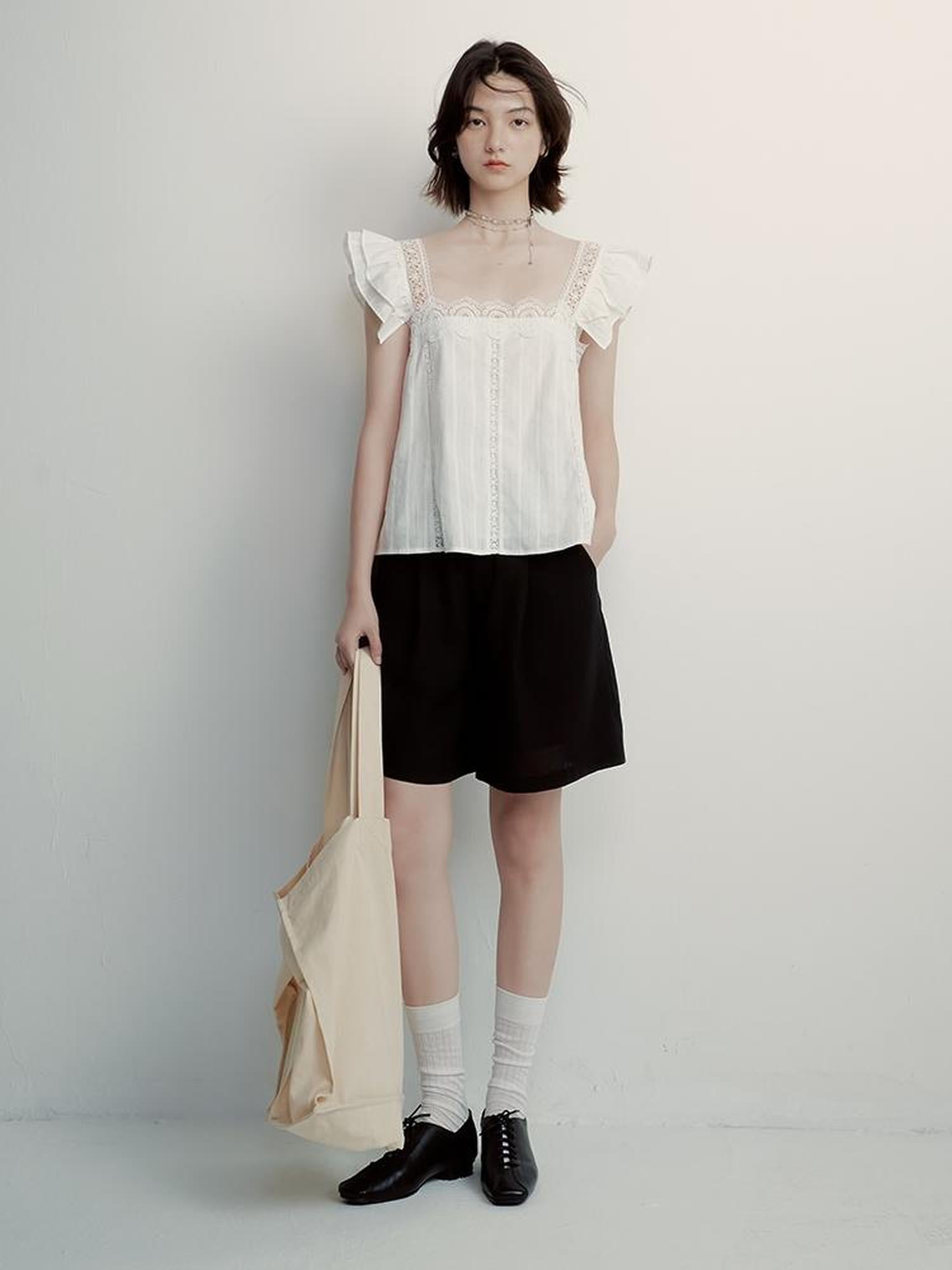 FUSSED White Lace Trimmed Peplum Top With Floral Embroidery