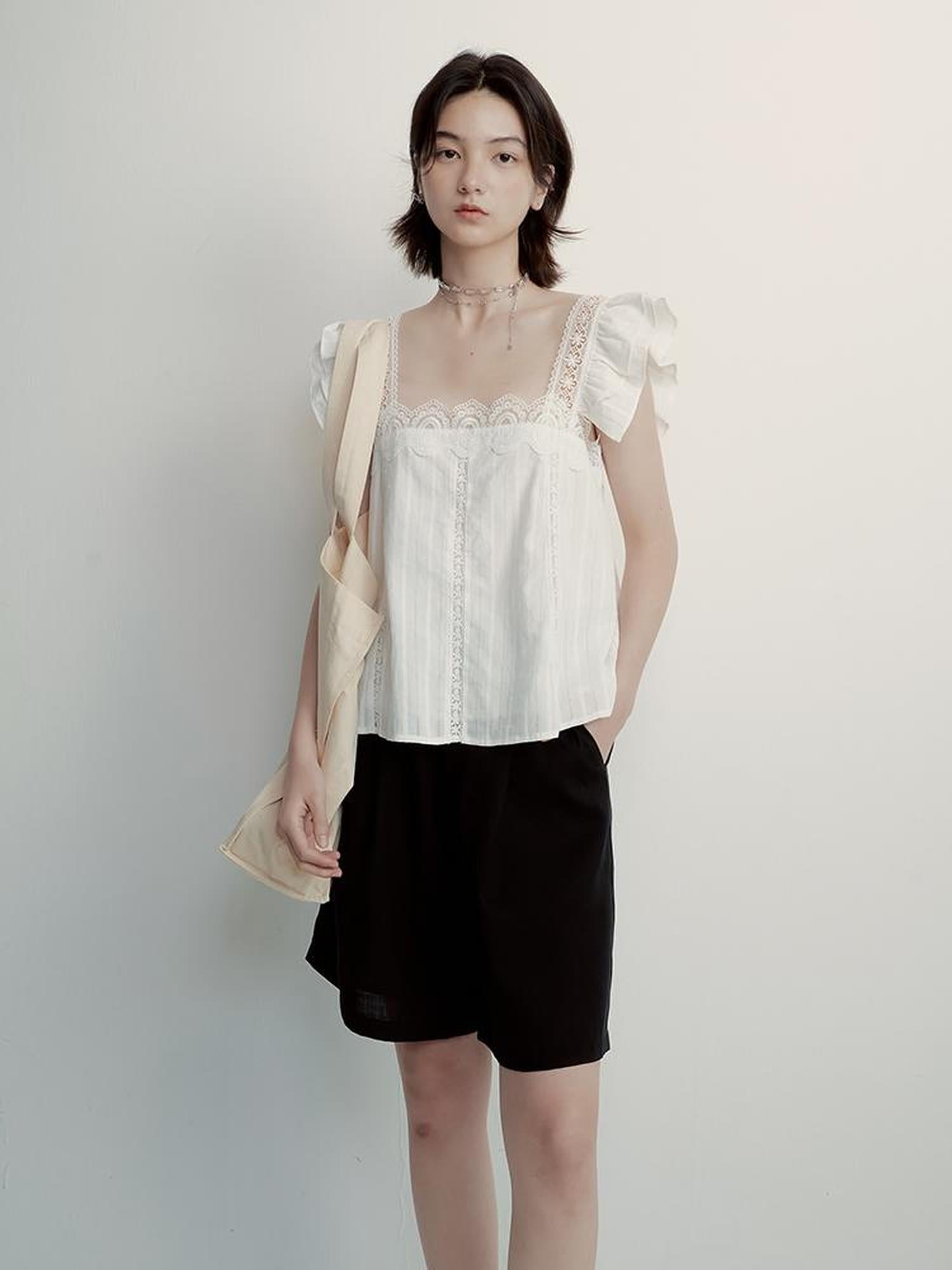 FUSSED White Lace Trimmed Peplum Top With Floral Embroidery