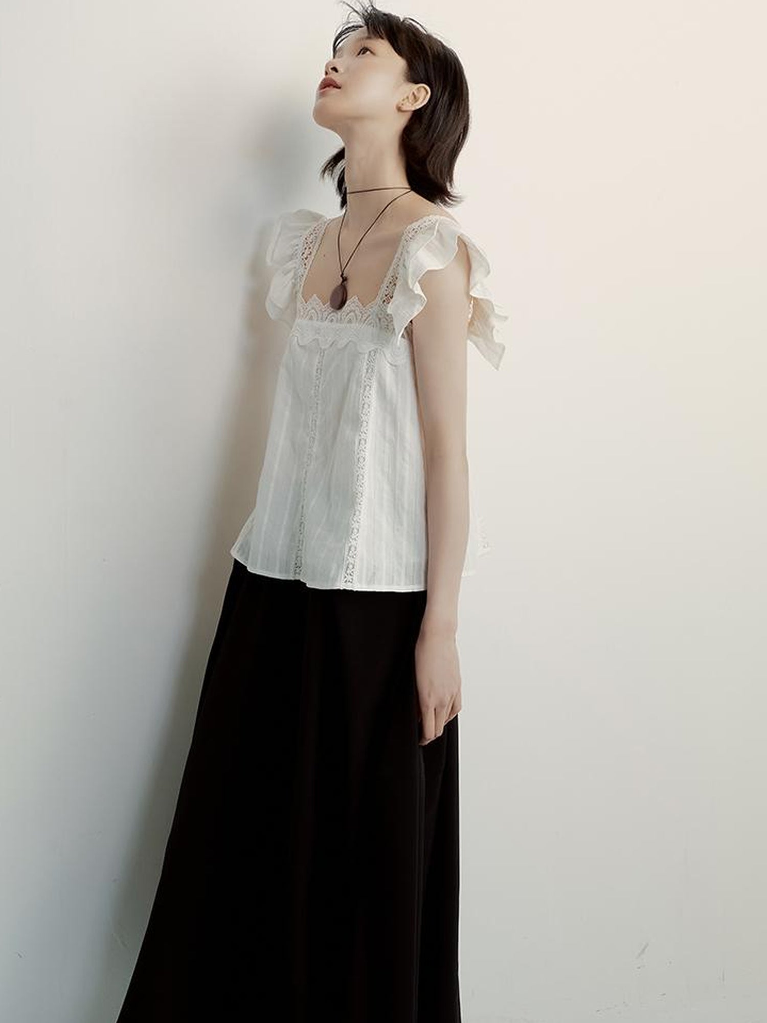 FUSSED White Lace Trimmed Peplum Top With Floral Embroidery