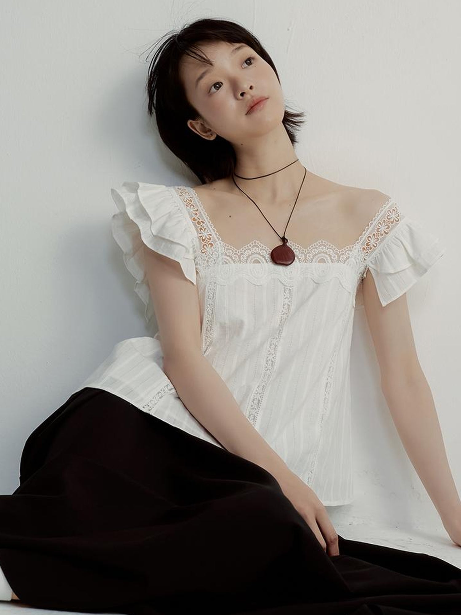 FUSSED White Lace Trimmed Peplum Top With Floral Embroidery