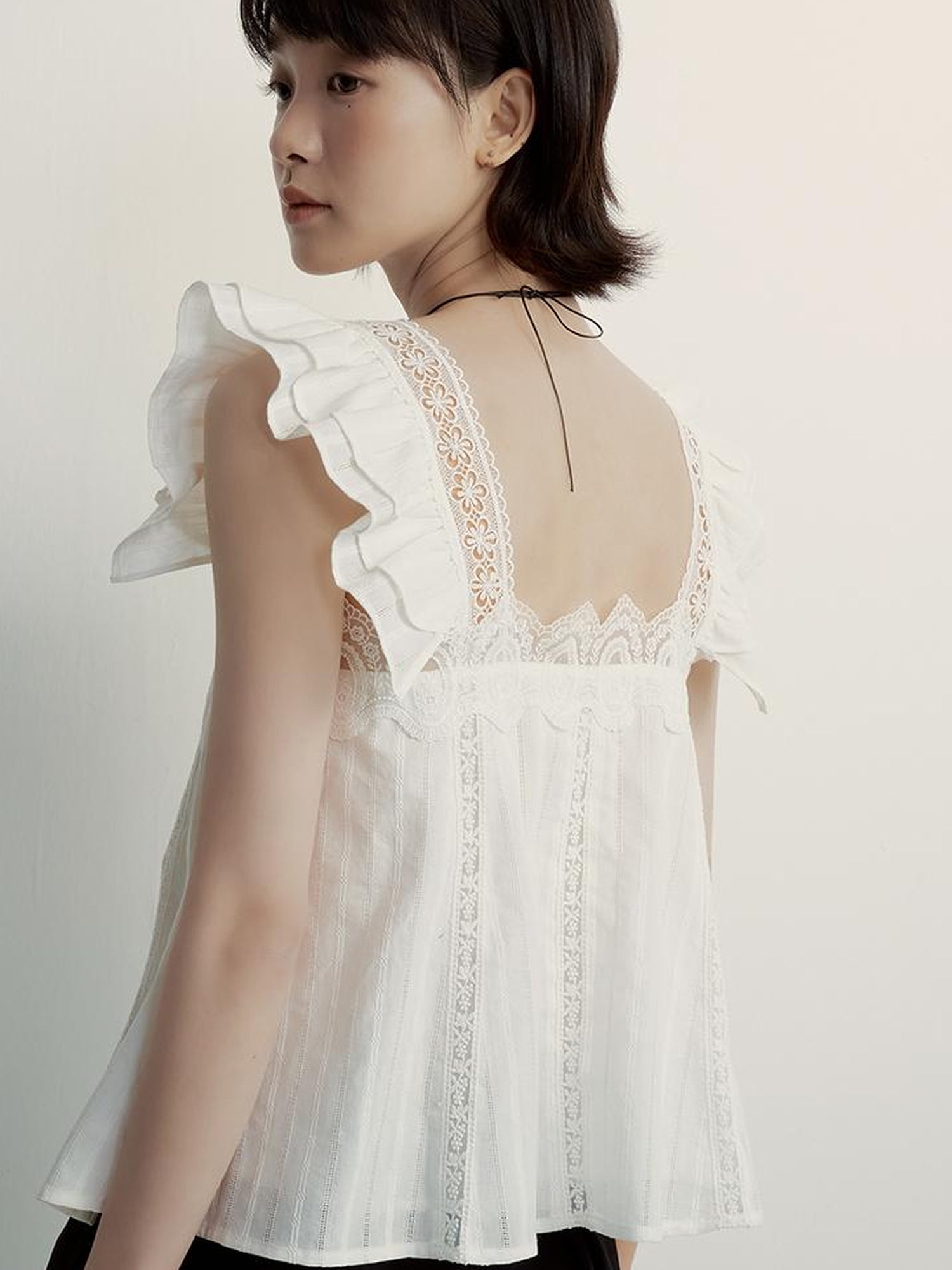 FUSSED White Lace Trimmed Peplum Top With Floral Embroidery