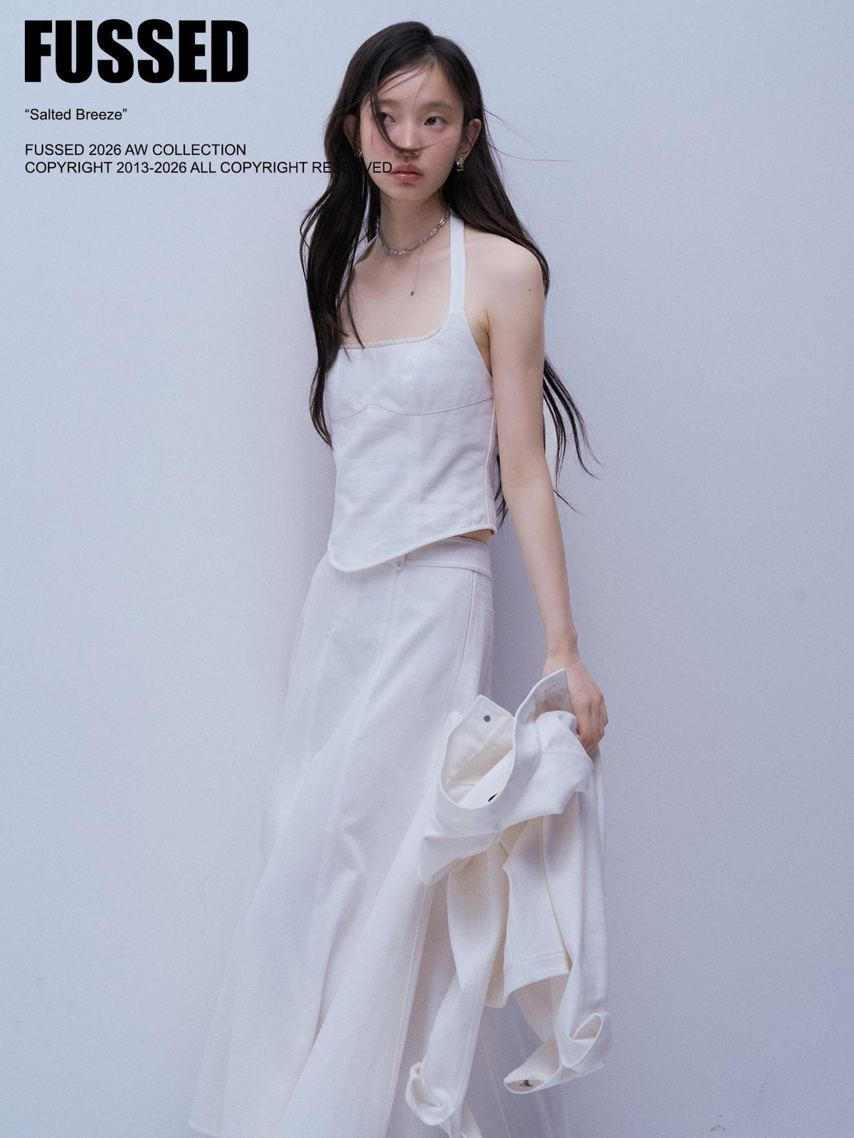 FUSSED White Lace Up U Neck Slim Fit Cotton Denim Women&