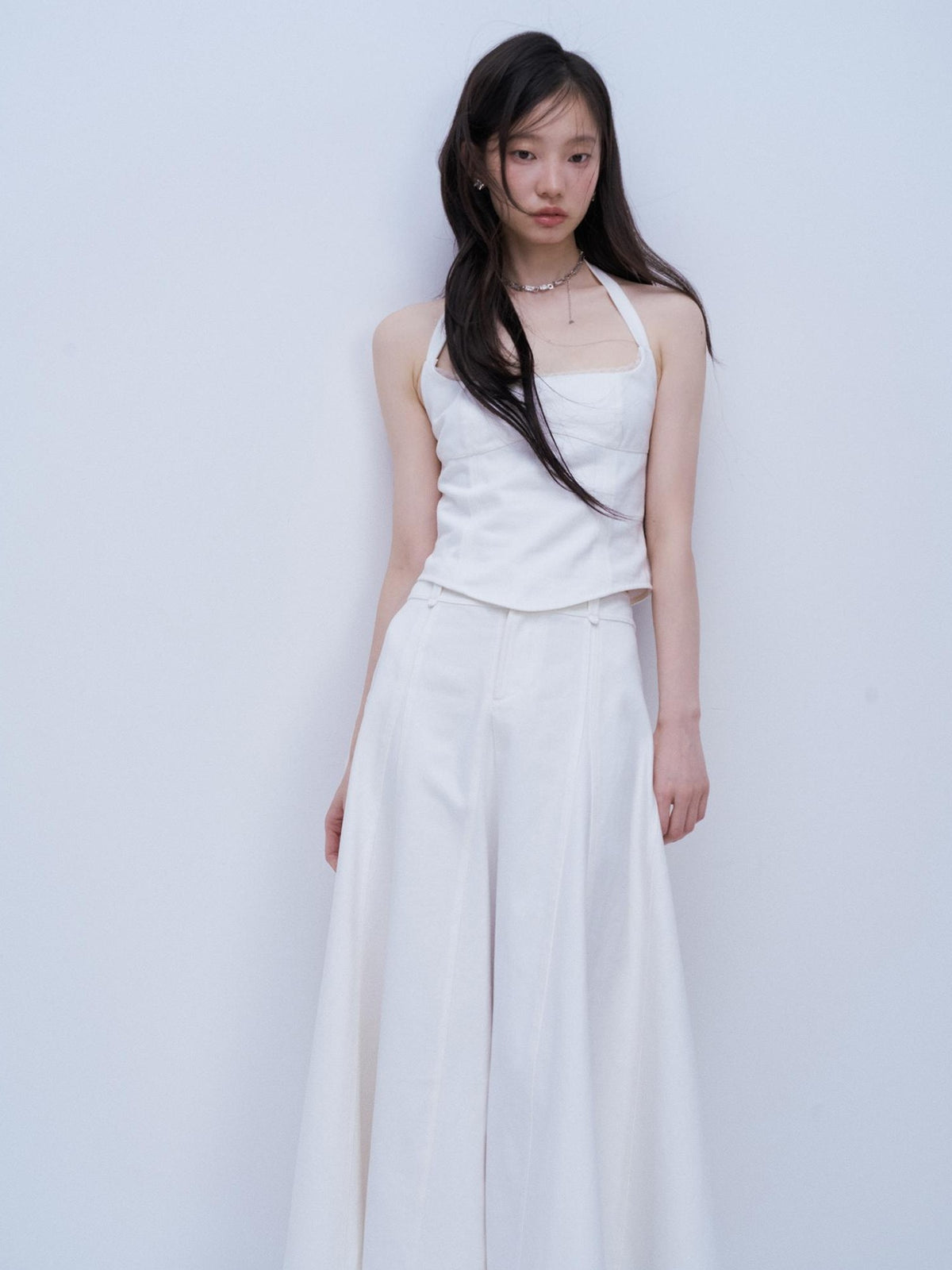 FUSSED White Lace Up U Neck Slim Fit Cotton Denim Women&