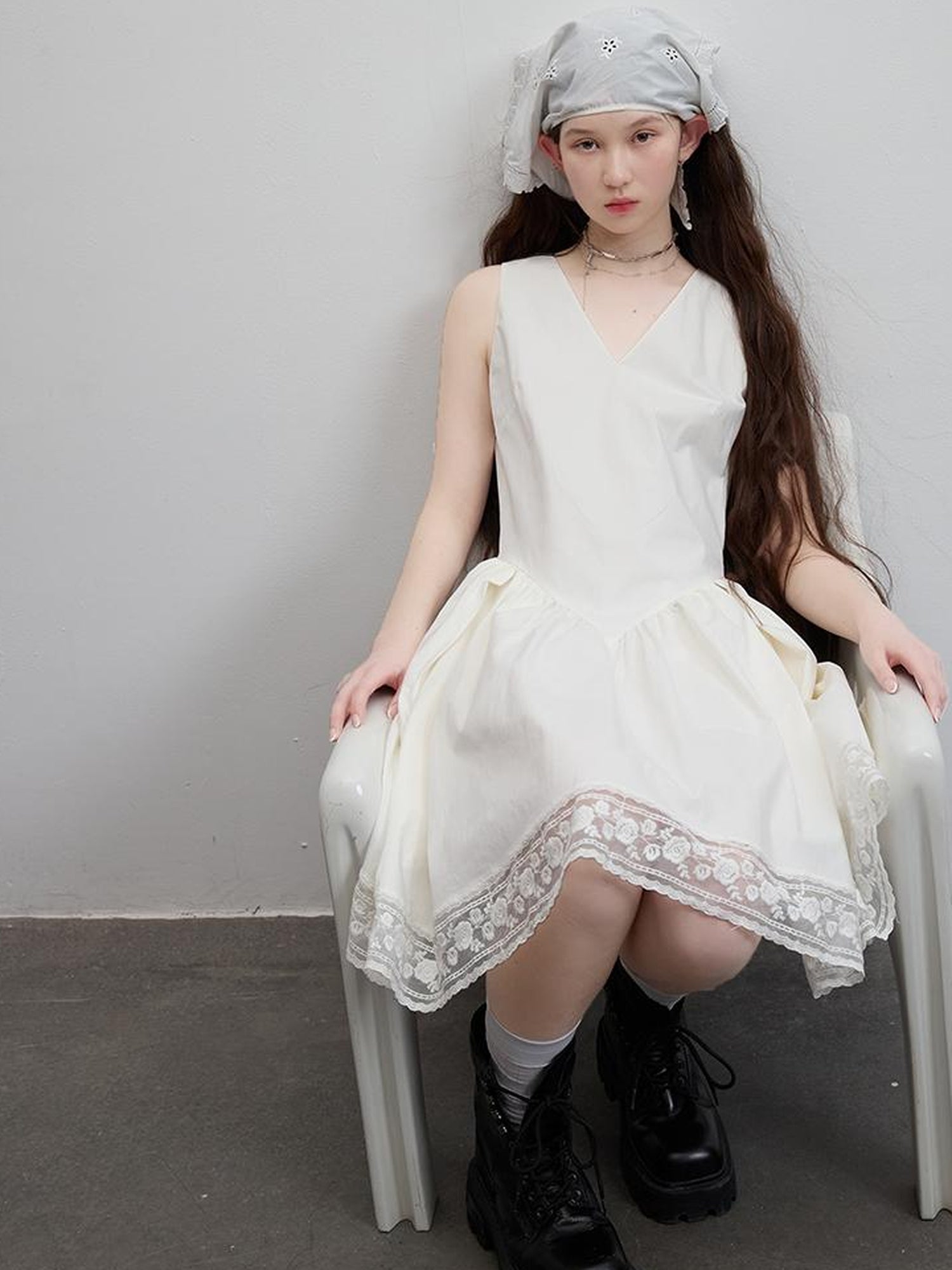 FUSSED White Rose V Neck Smocked Ruffle Dress With Lace Trim