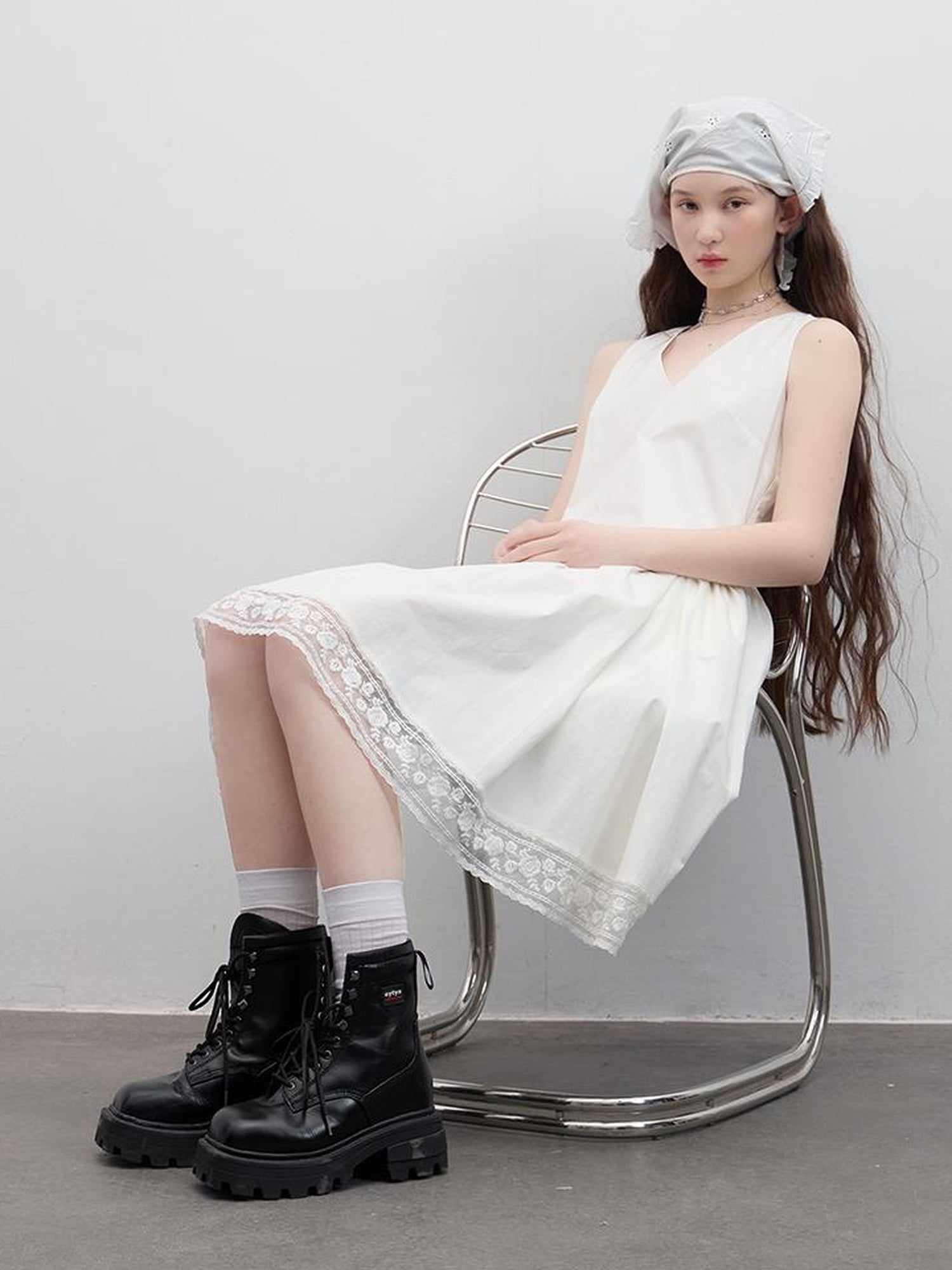 FUSSED White Rose V Neck Smocked Ruffle Dress With Lace Trim