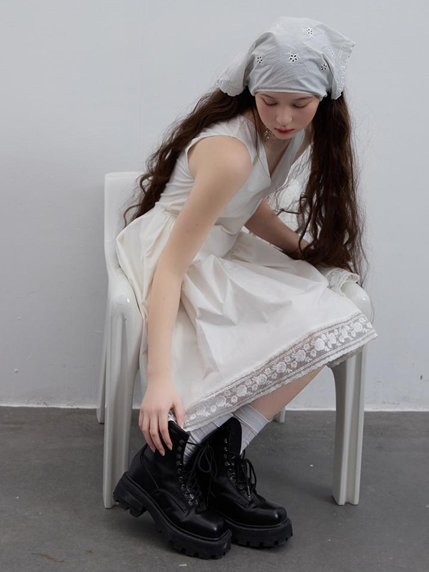 FUSSED White Rose V Neck Smocked Ruffle Dress With Lace Trim