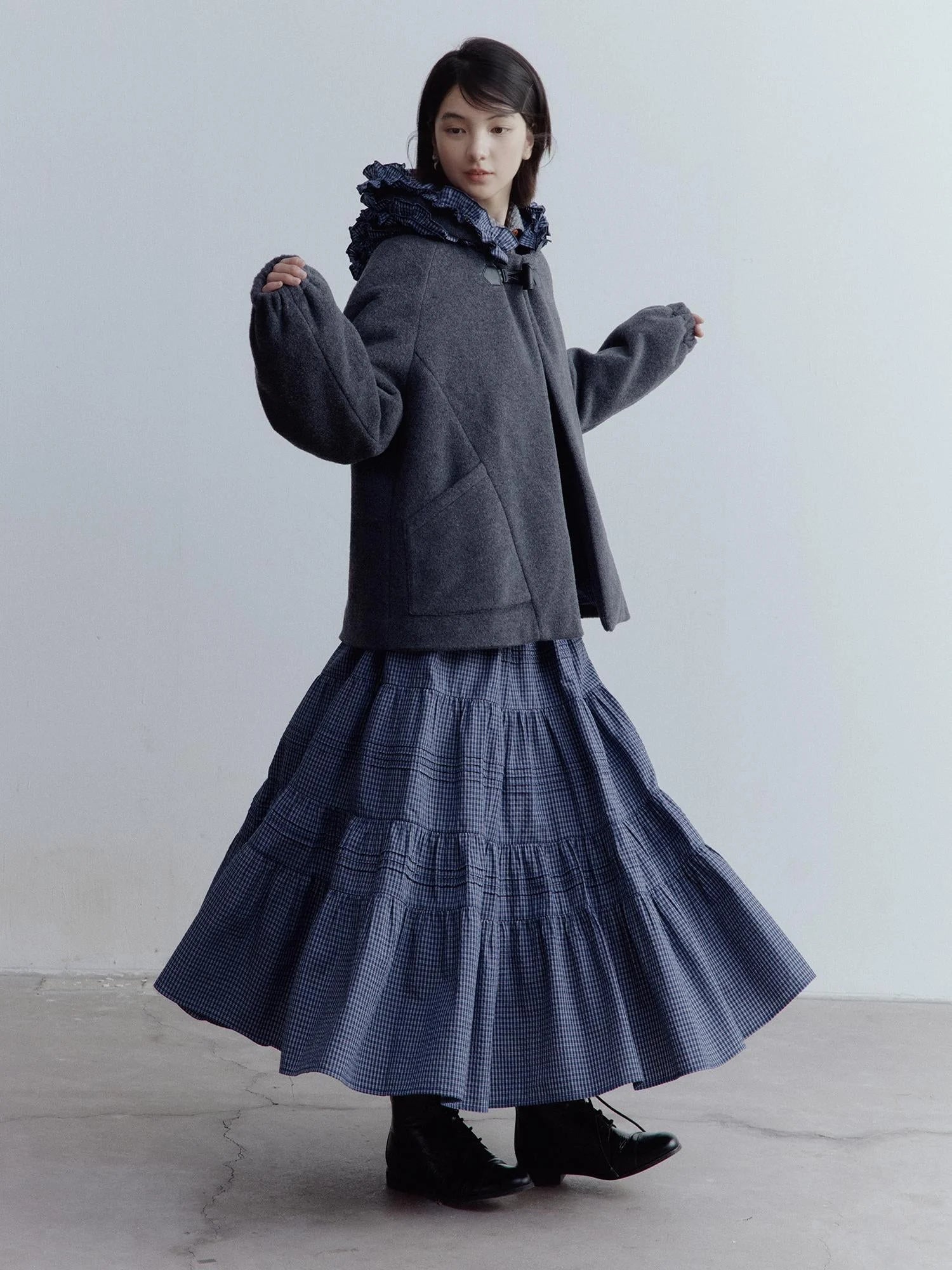 Wool Blend Hooded Coat with Layered Ruffle Trim and Patch Pockets