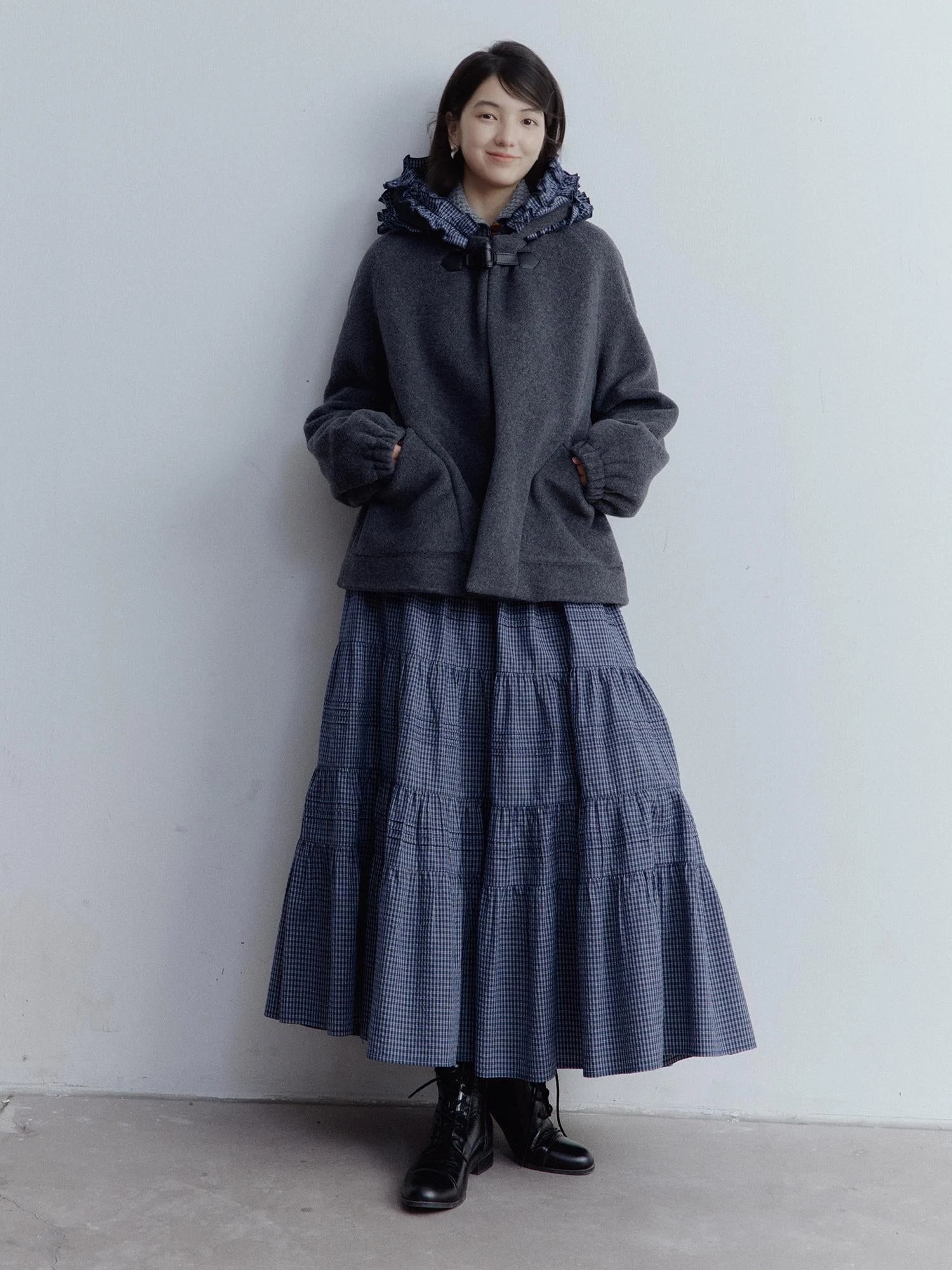 Wool Blend Hooded Coat with Layered Ruffle Trim and Patch Pockets