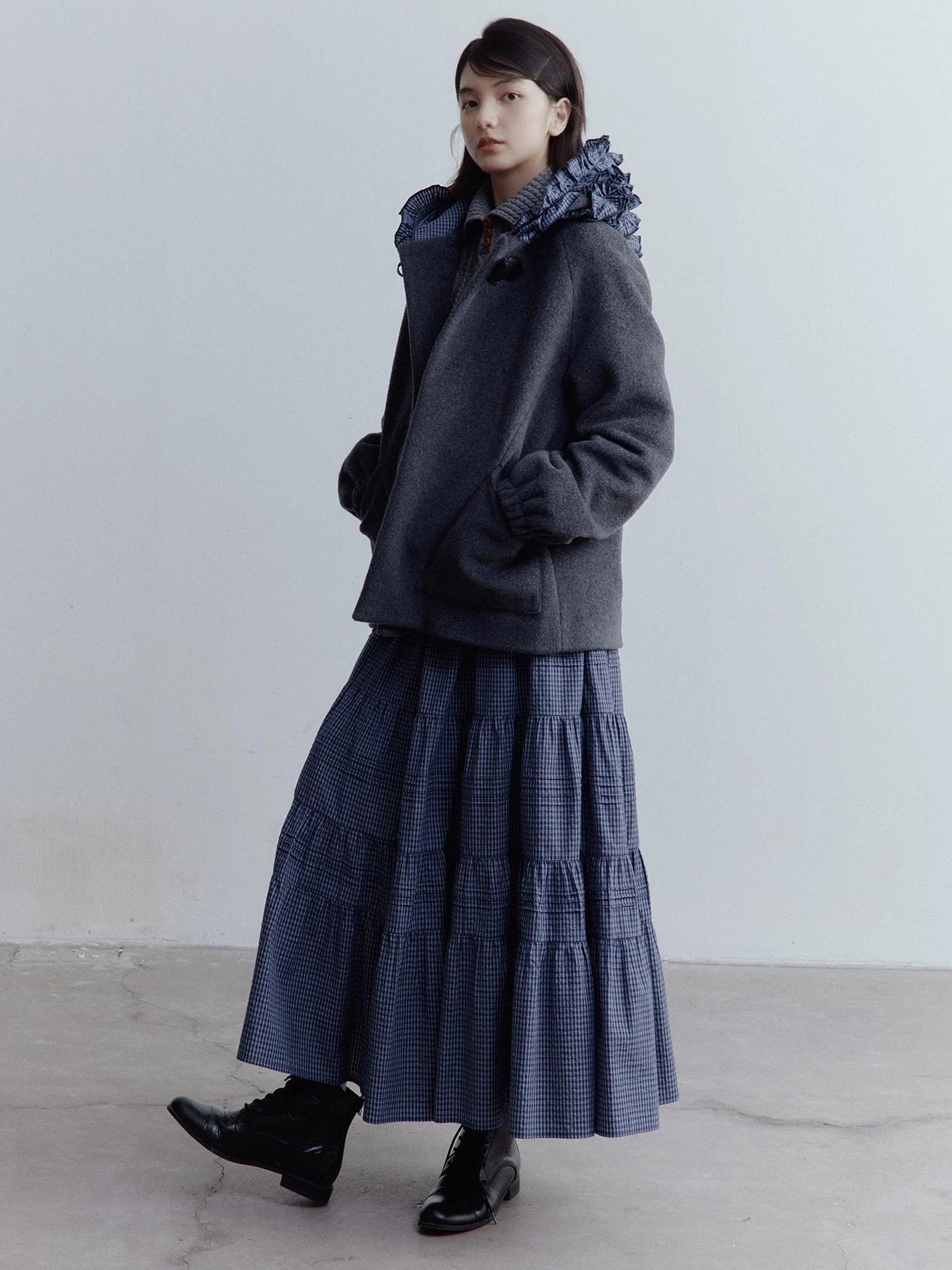 Wool Blend Hooded Coat with Layered Ruffle Trim and Patch Pockets