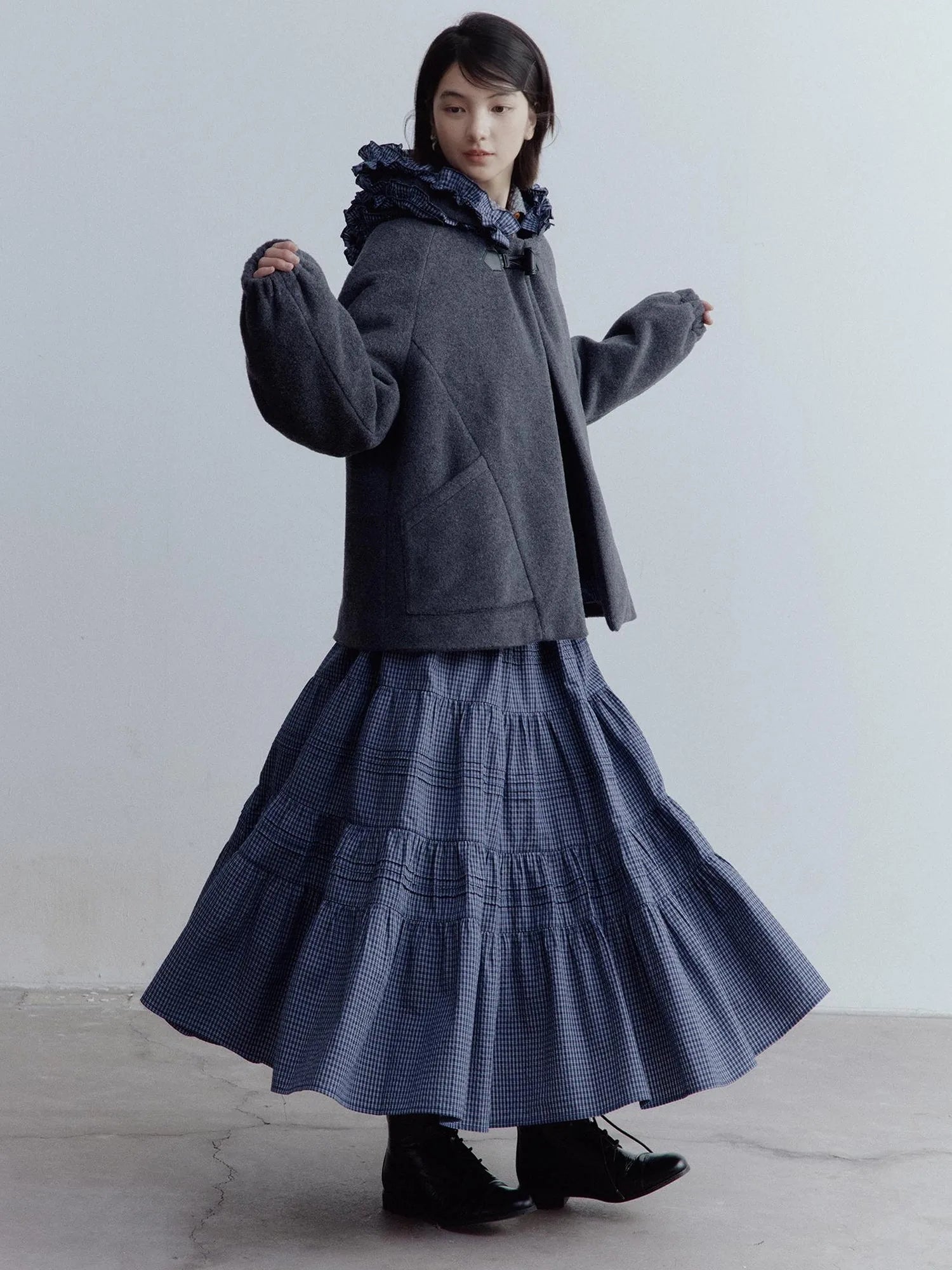 Wool Blend Hooded Coat with Layered Ruffle Trim and Patch Pockets