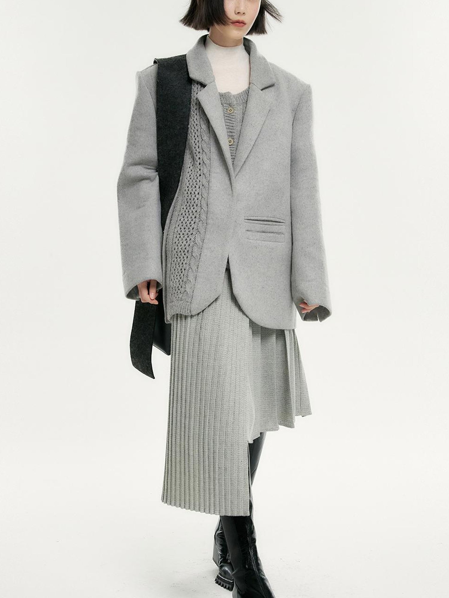 FUSSED Wool Blend Knit Insert Blazer With Detachable Shoulder Pads