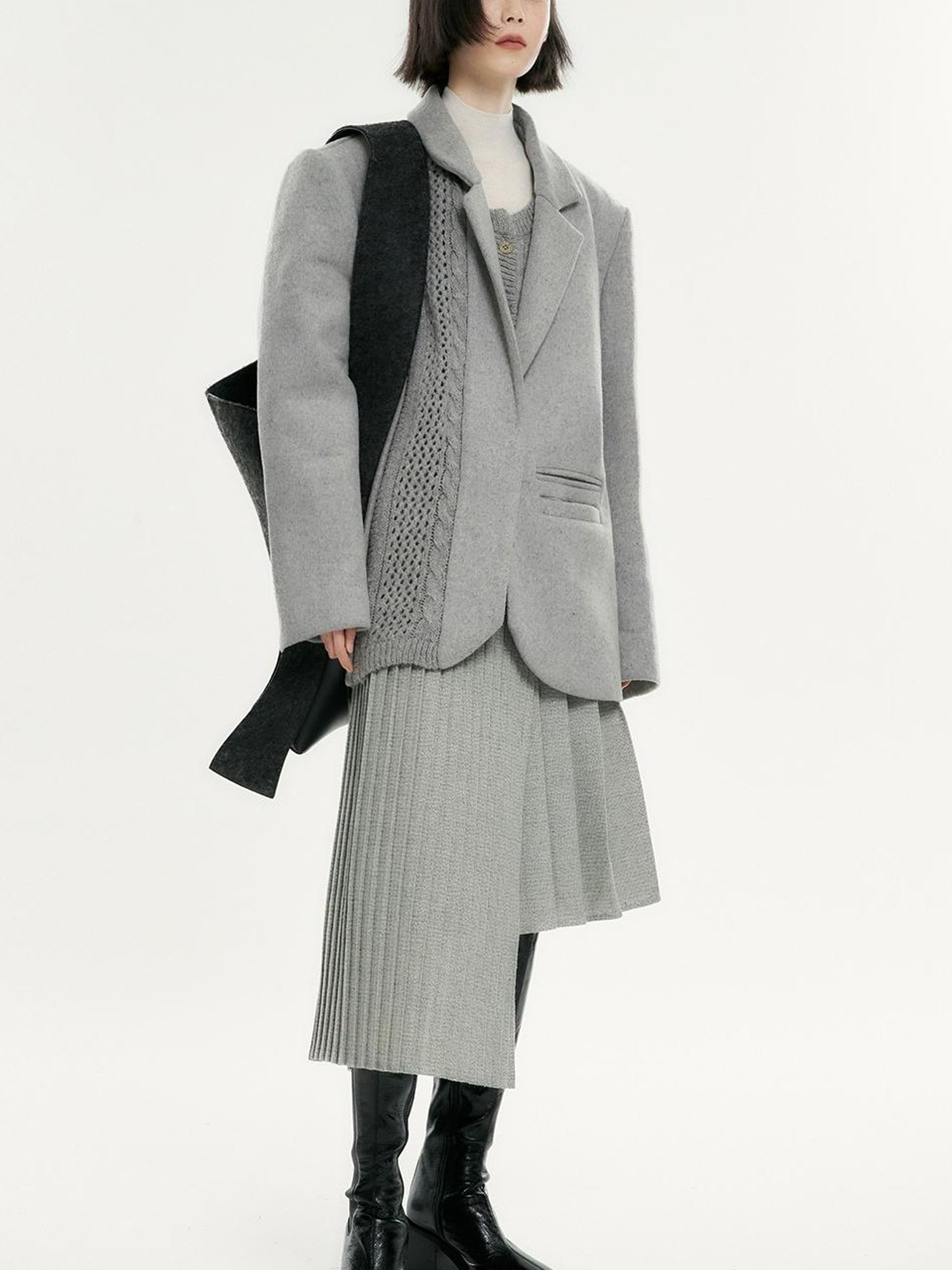 FUSSED Wool Blend Knit Insert Blazer With Detachable Shoulder Pads