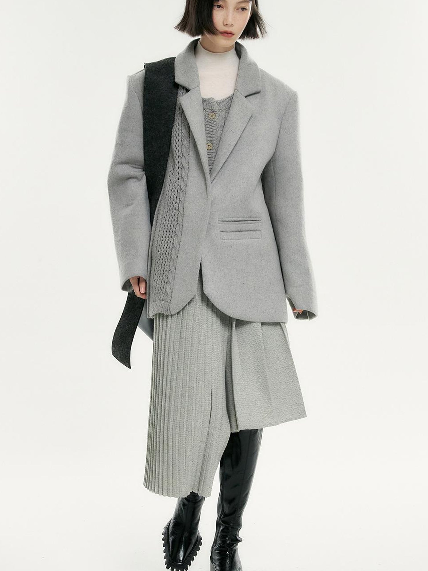 FUSSED Wool Blend Knit Insert Blazer With Detachable Shoulder Pads
