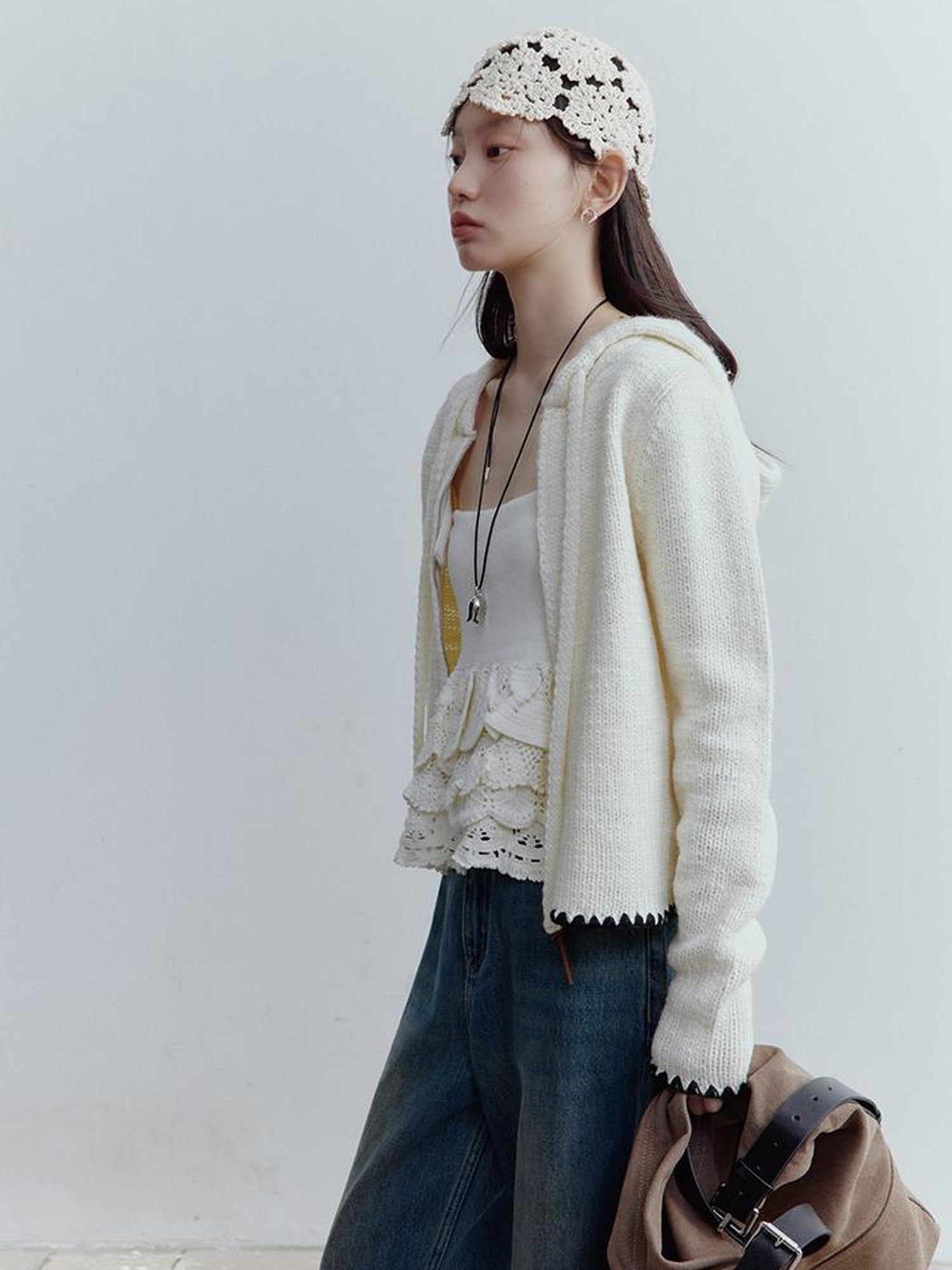 FUSSED Wool Blend Shell Stitch Hooded Cardigan