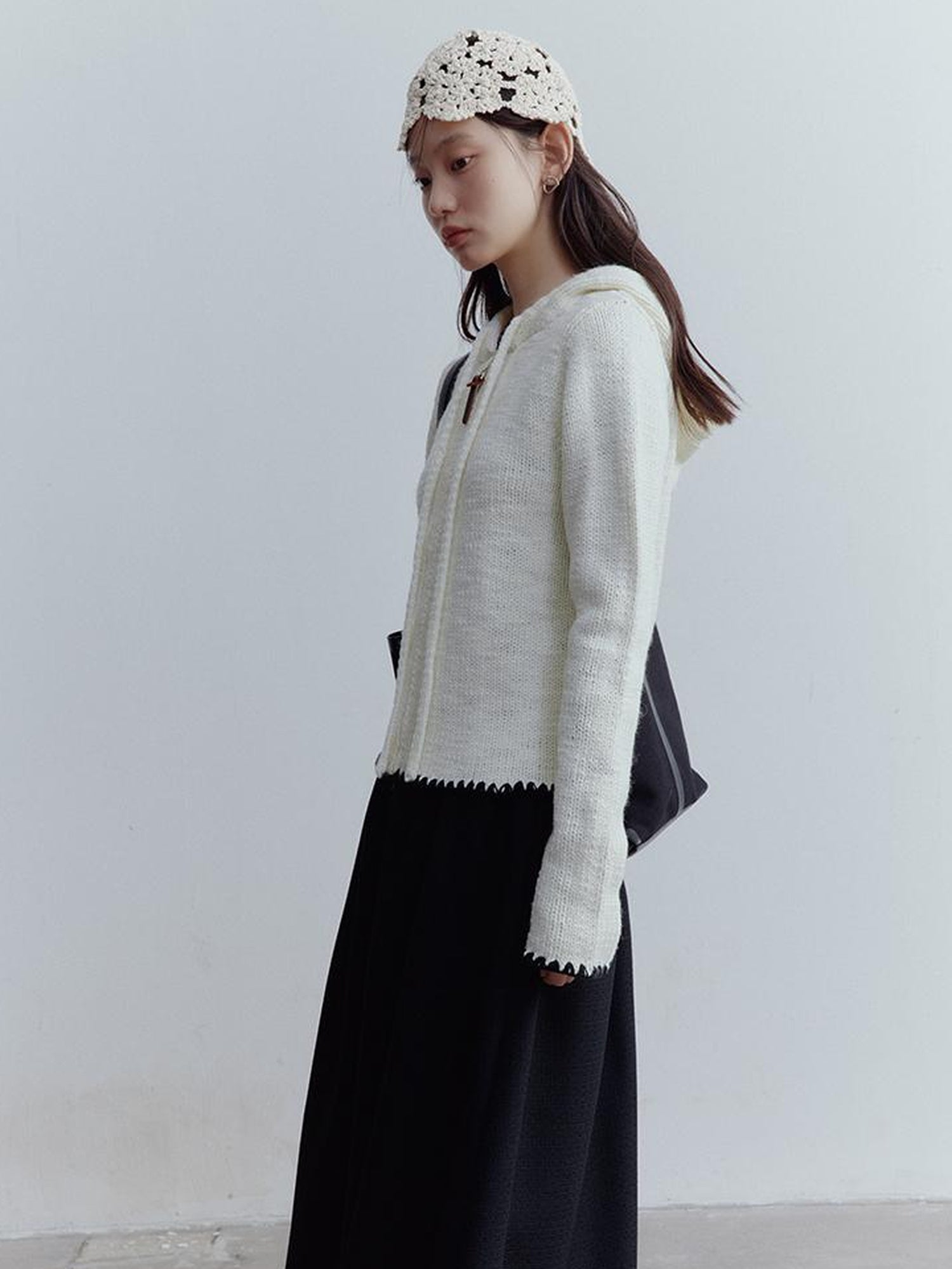 FUSSED Wool Blend Shell Stitch Hooded Cardigan