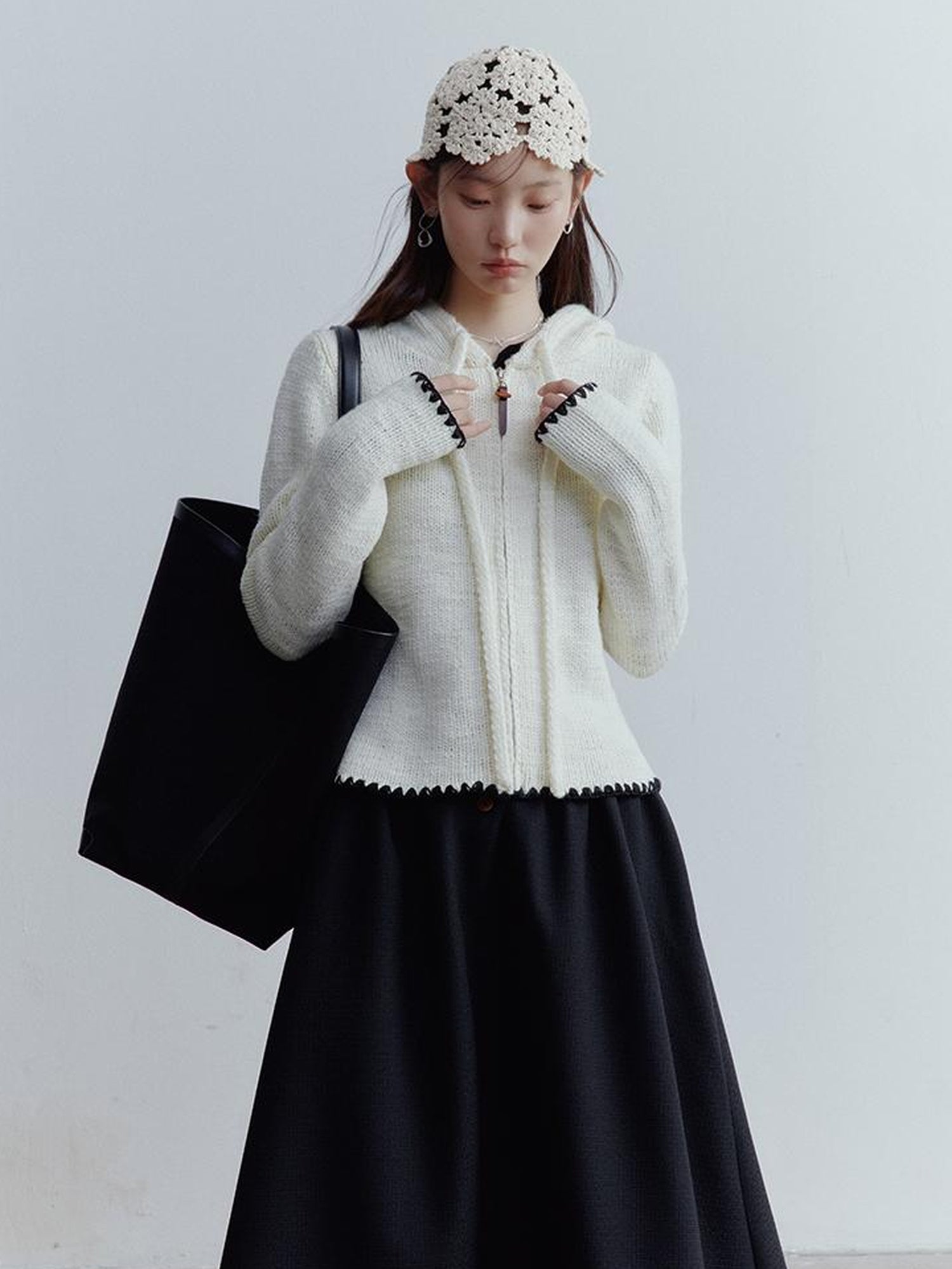 FUSSED Wool Blend Shell Stitch Hooded Cardigan