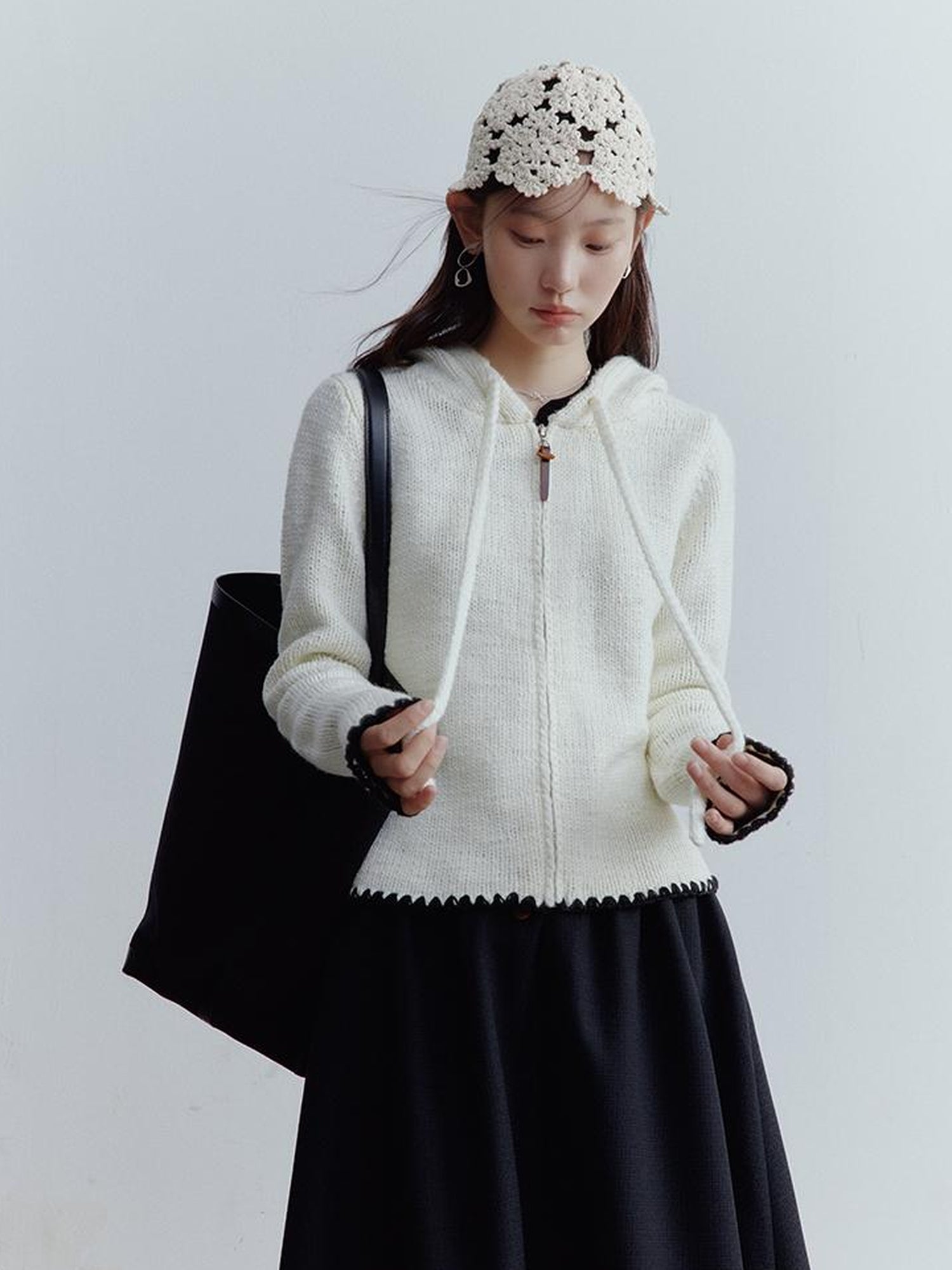 FUSSED Wool Blend Shell Stitch Hooded Cardigan