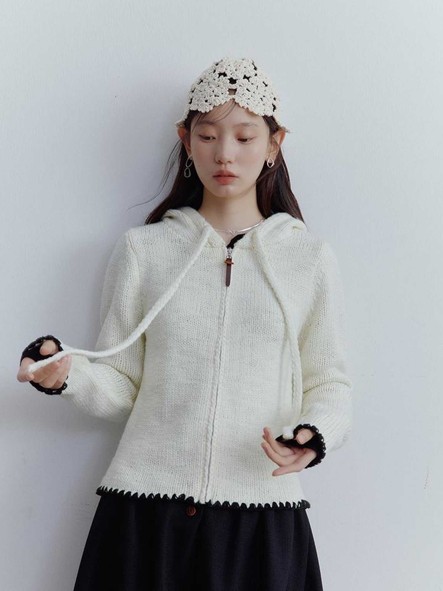 FUSSED Wool Blend Shell Stitch Hooded Cardigan