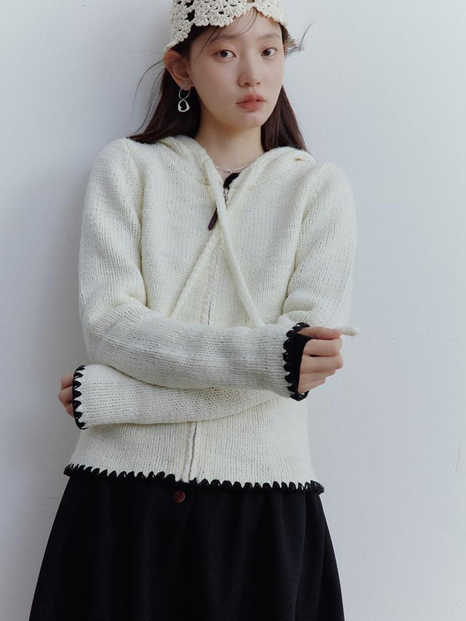 FUSSED Wool Blend Shell Stitch Hooded Cardigan