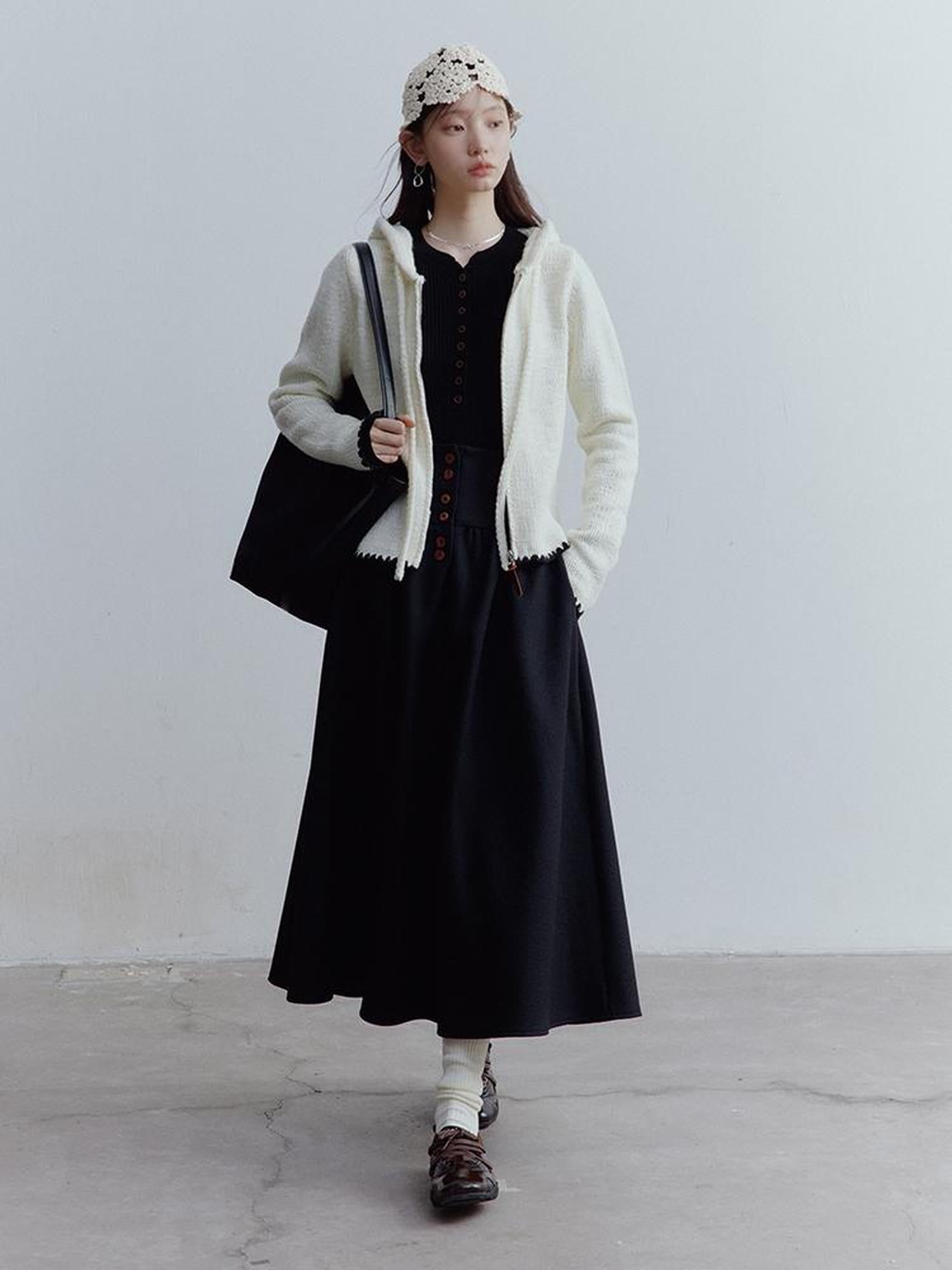 FUSSED Wool Blend Shell Stitch Hooded Cardigan