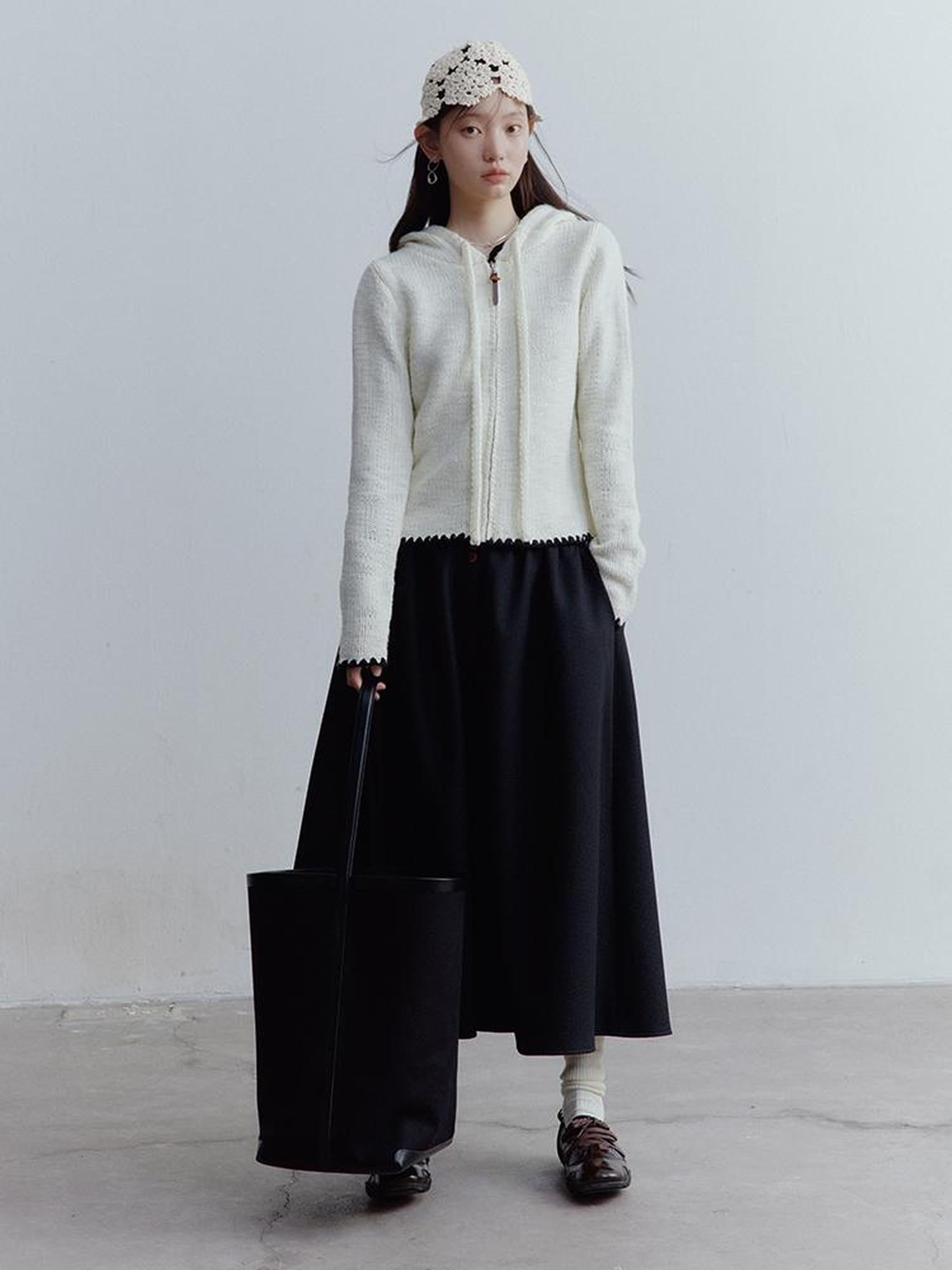 FUSSED Wool Blend Shell Stitch Hooded Cardigan