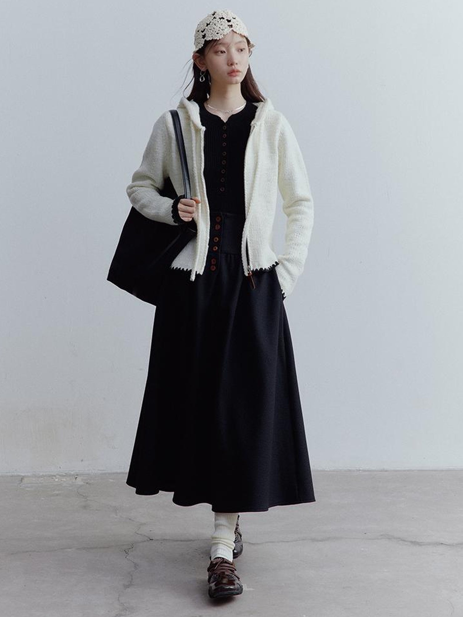 FUSSED Wool Blend Shell Stitch Hooded Cardigan