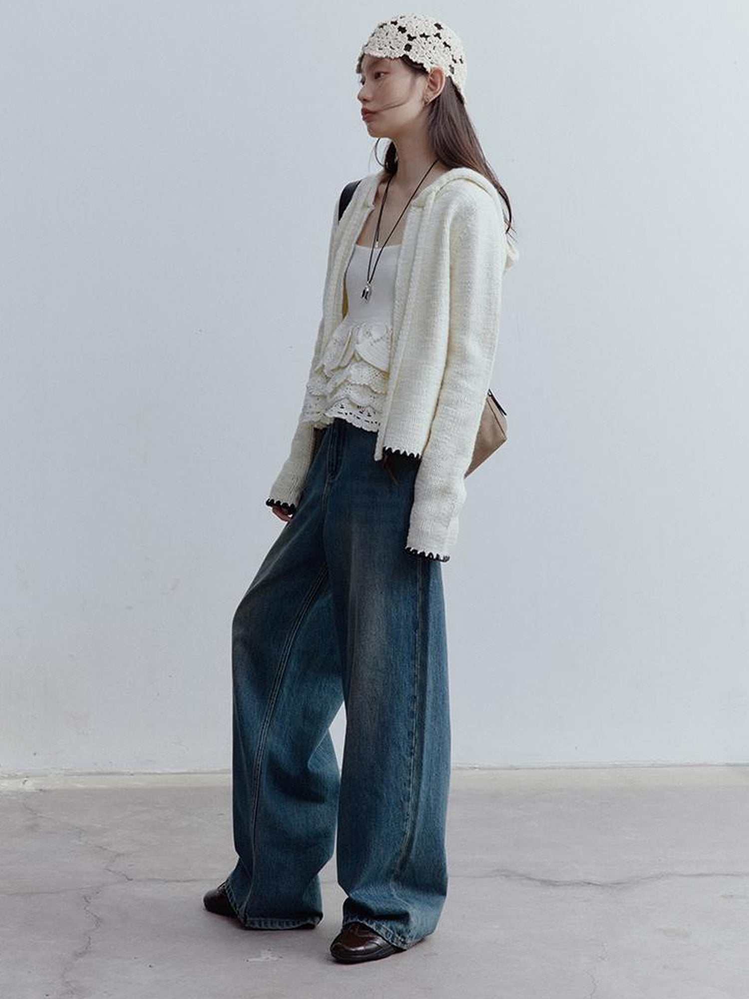 FUSSED Wool Blend Shell Stitch Hooded Cardigan