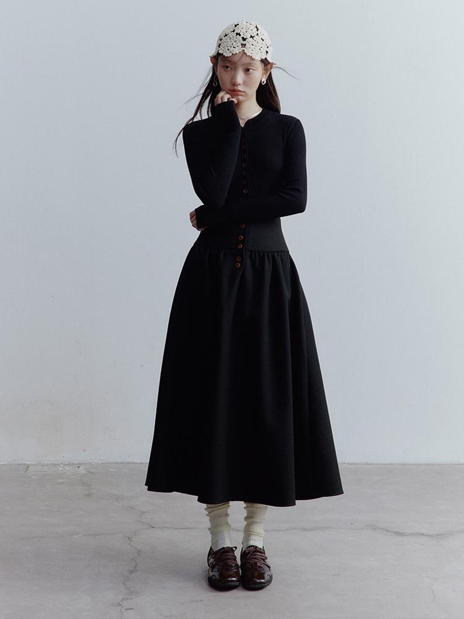 FUSSED Wool Blend Textured A Line Midi Skirt with High Waist