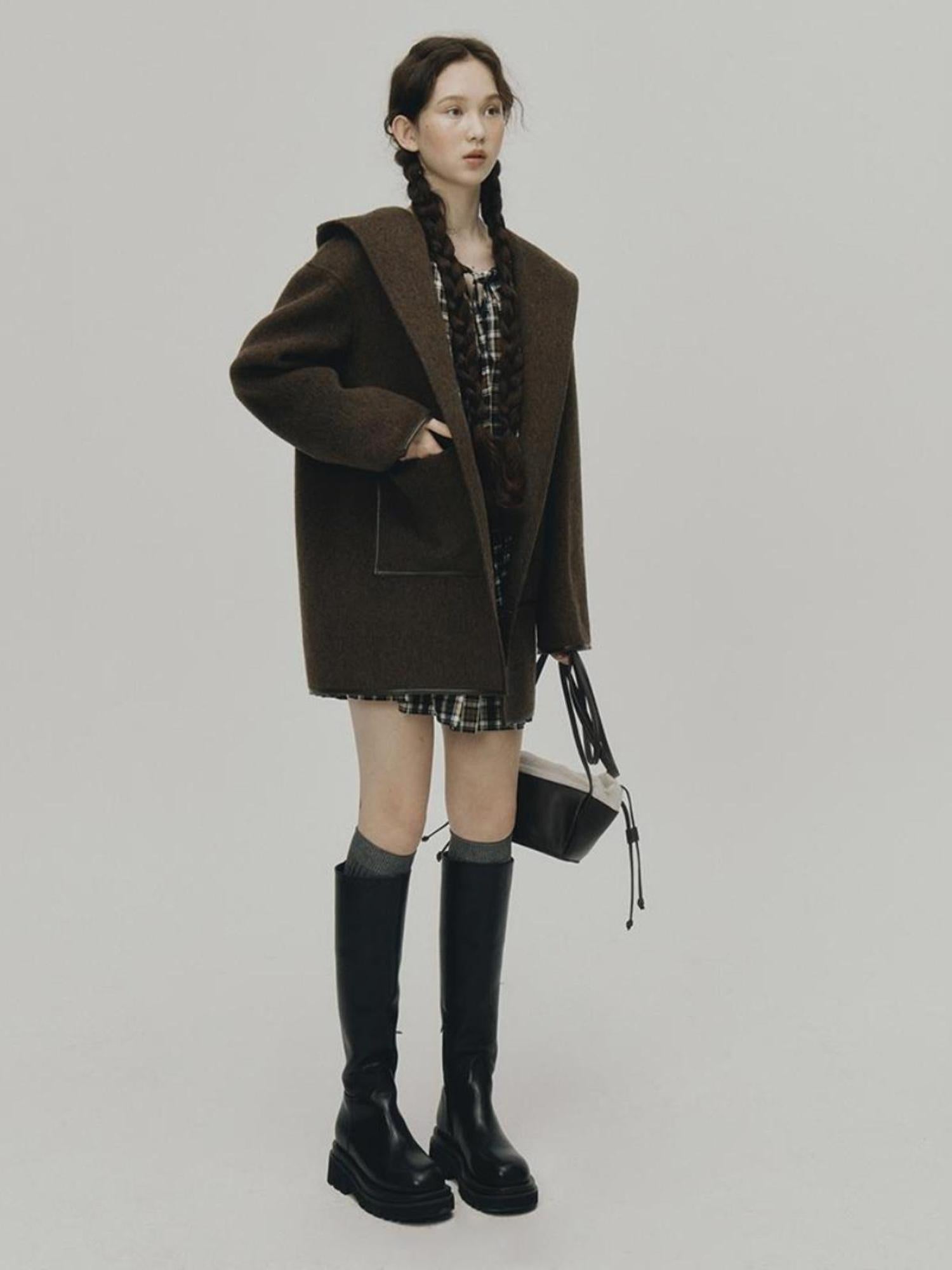 FUSSED Wool Mohair Double Faced Hooded Coat With Leather Trim