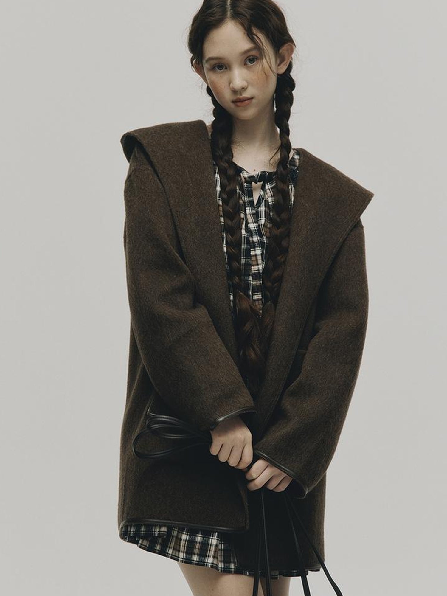 FUSSED Wool Mohair Double Faced Hooded Coat With Leather Trim