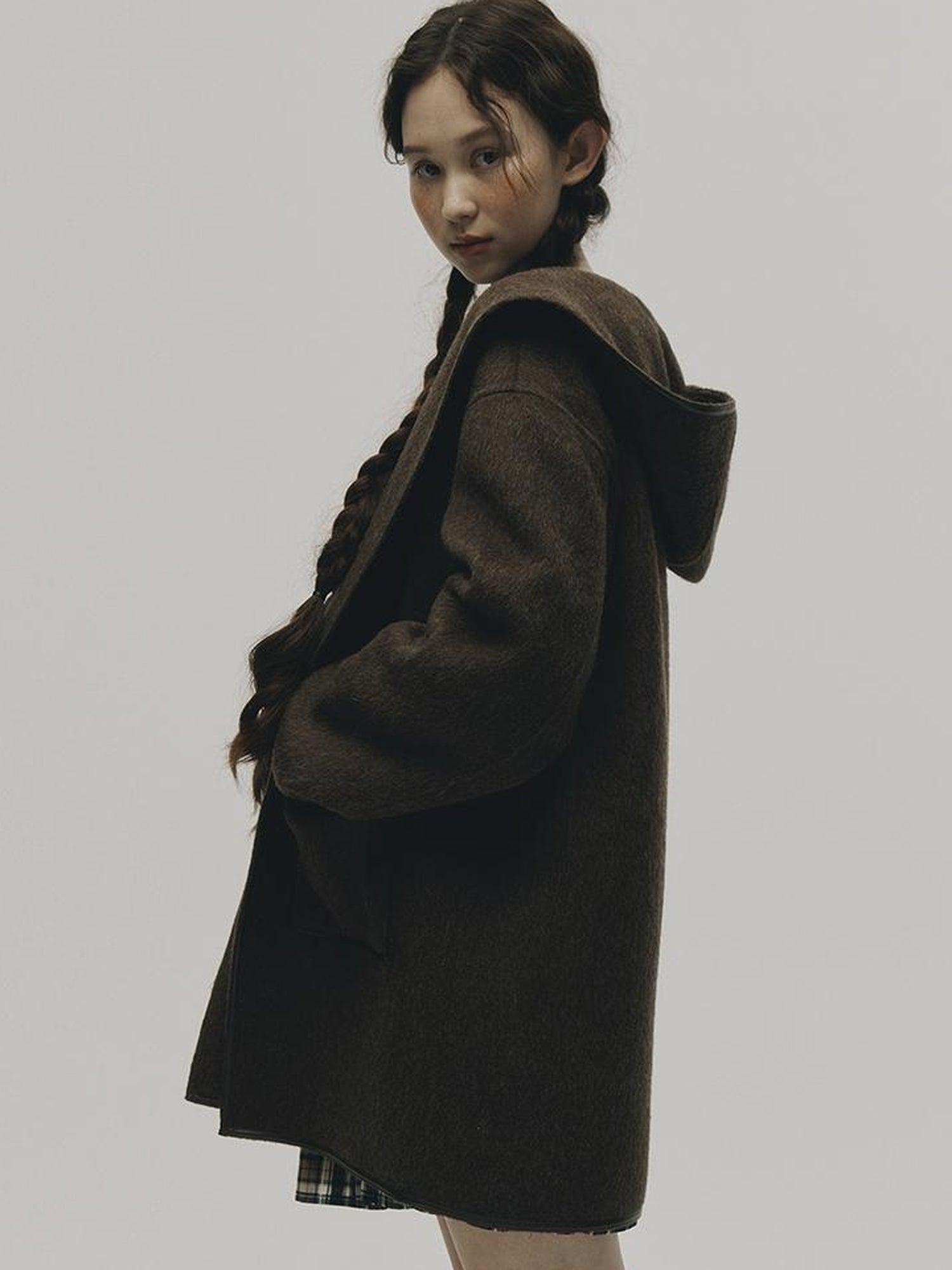 FUSSED Wool Mohair Double Faced Hooded Coat With Leather Trim