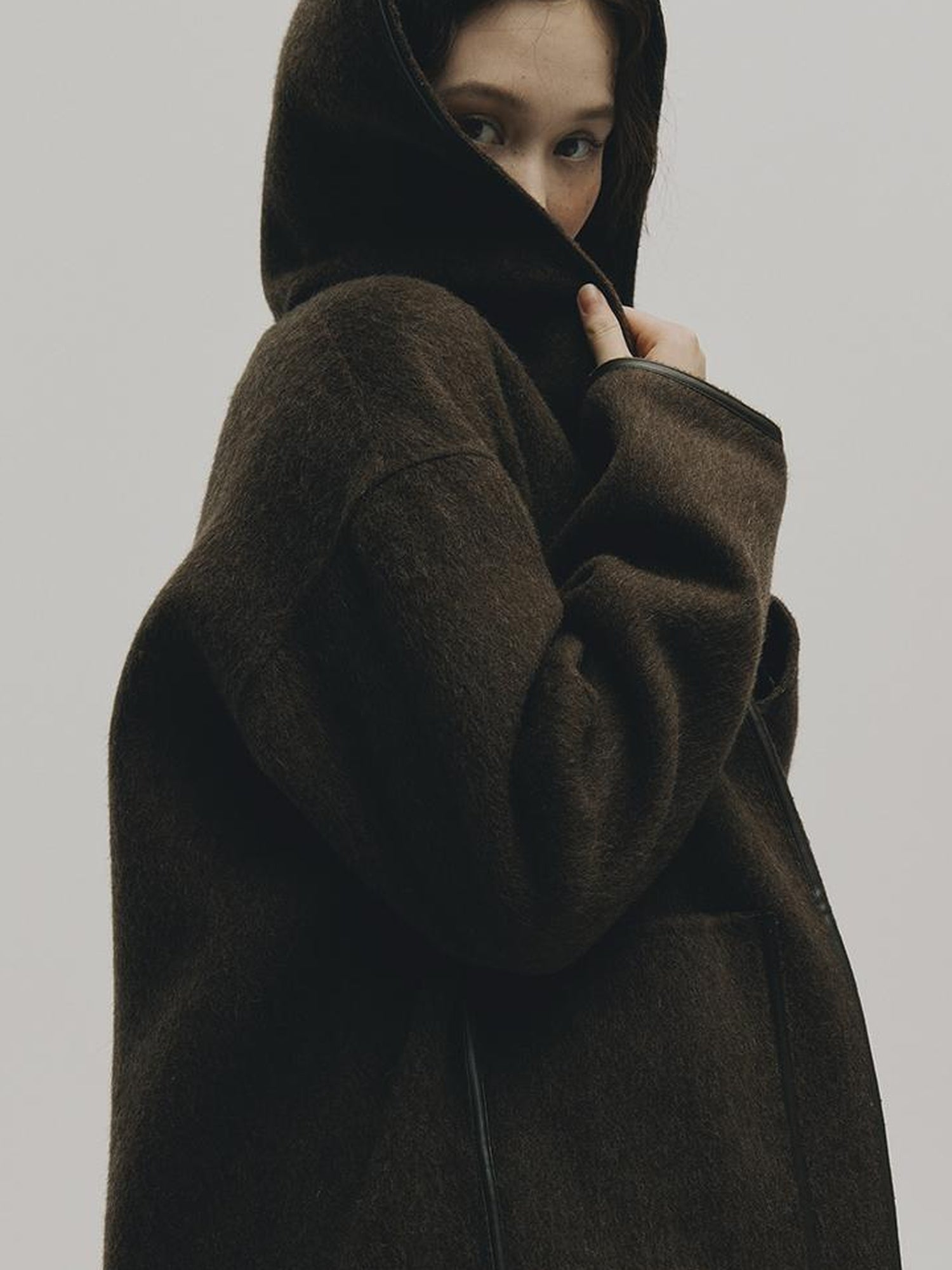 FUSSED Wool Mohair Double Faced Hooded Coat With Leather Trim