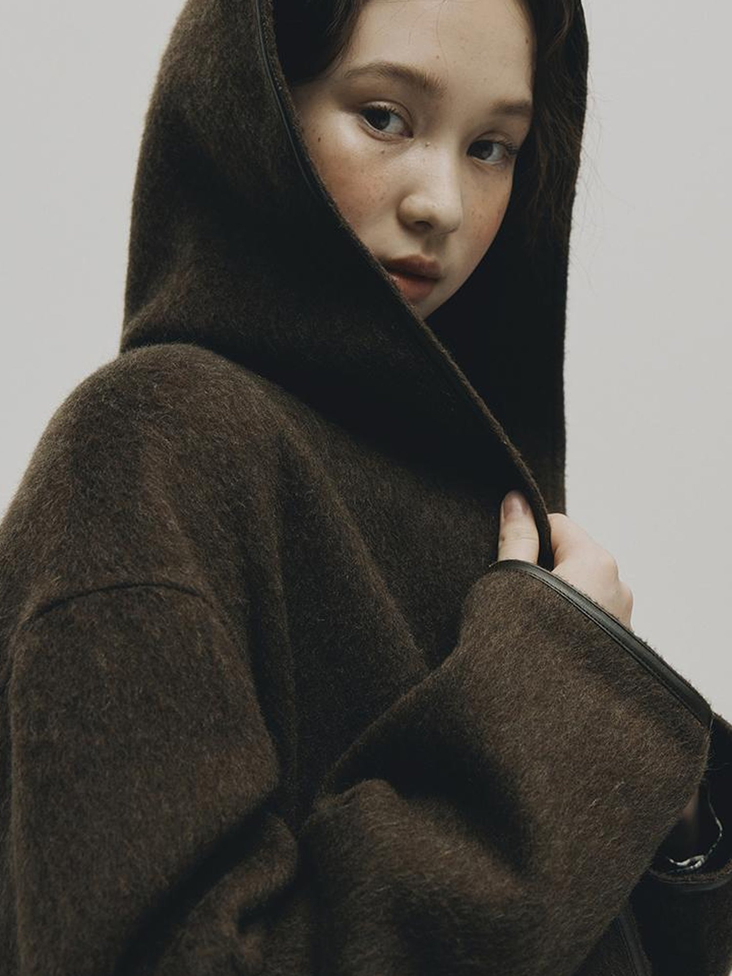 FUSSED Wool Mohair Double Faced Hooded Coat With Leather Trim