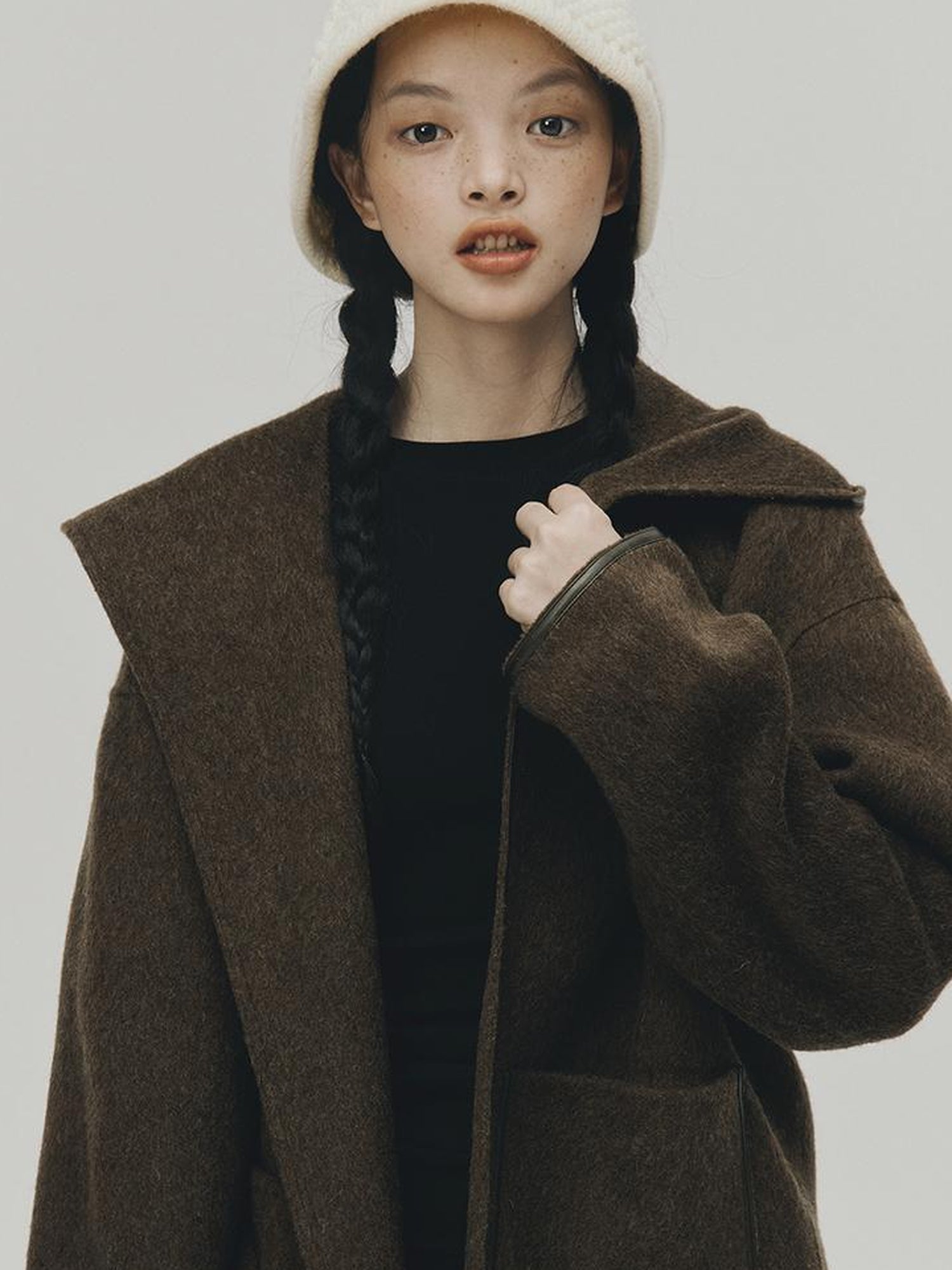 FUSSED Wool Mohair Double Faced Hooded Coat With Leather Trim