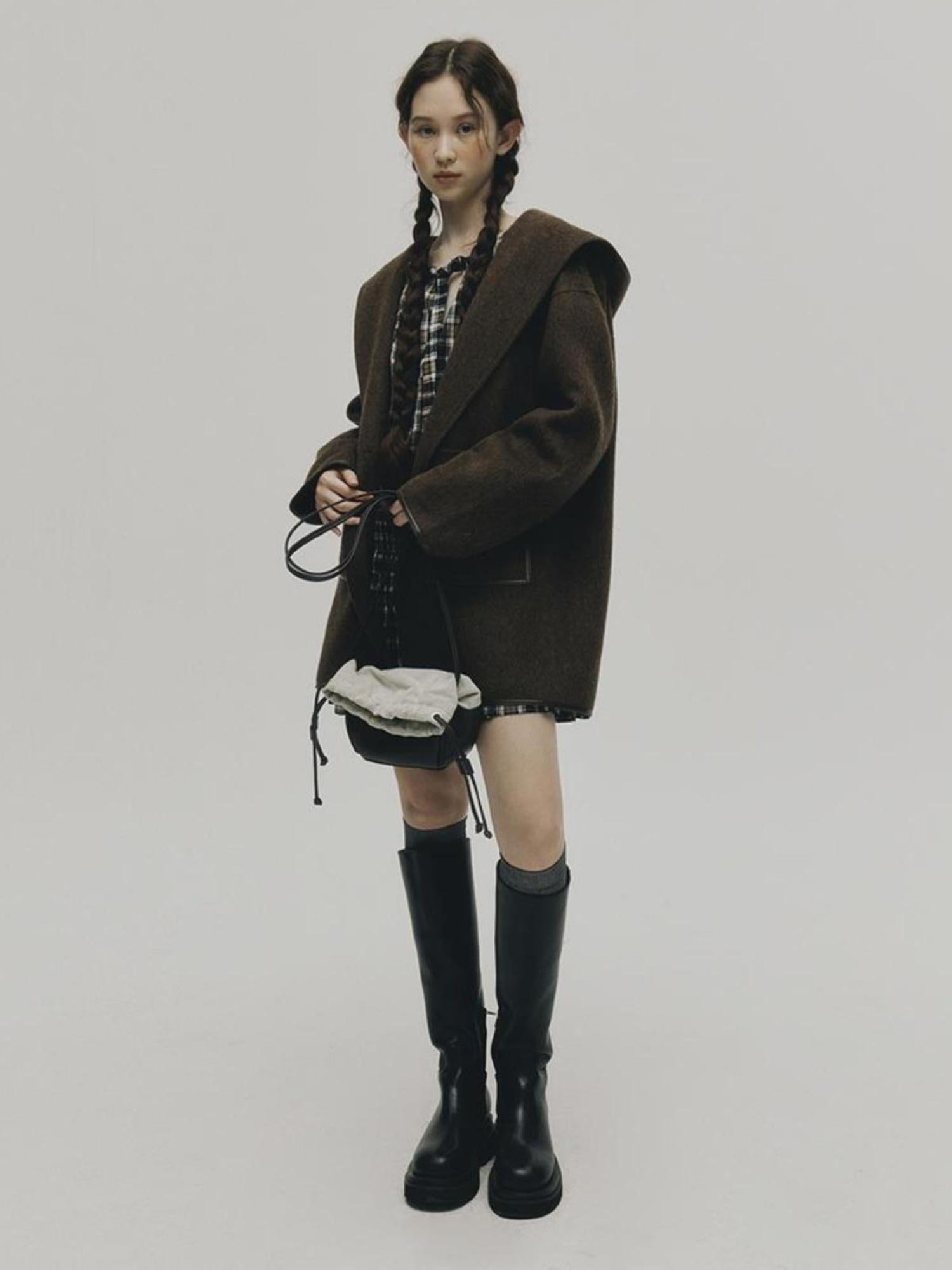 FUSSED Wool Mohair Double Faced Hooded Coat With Leather Trim