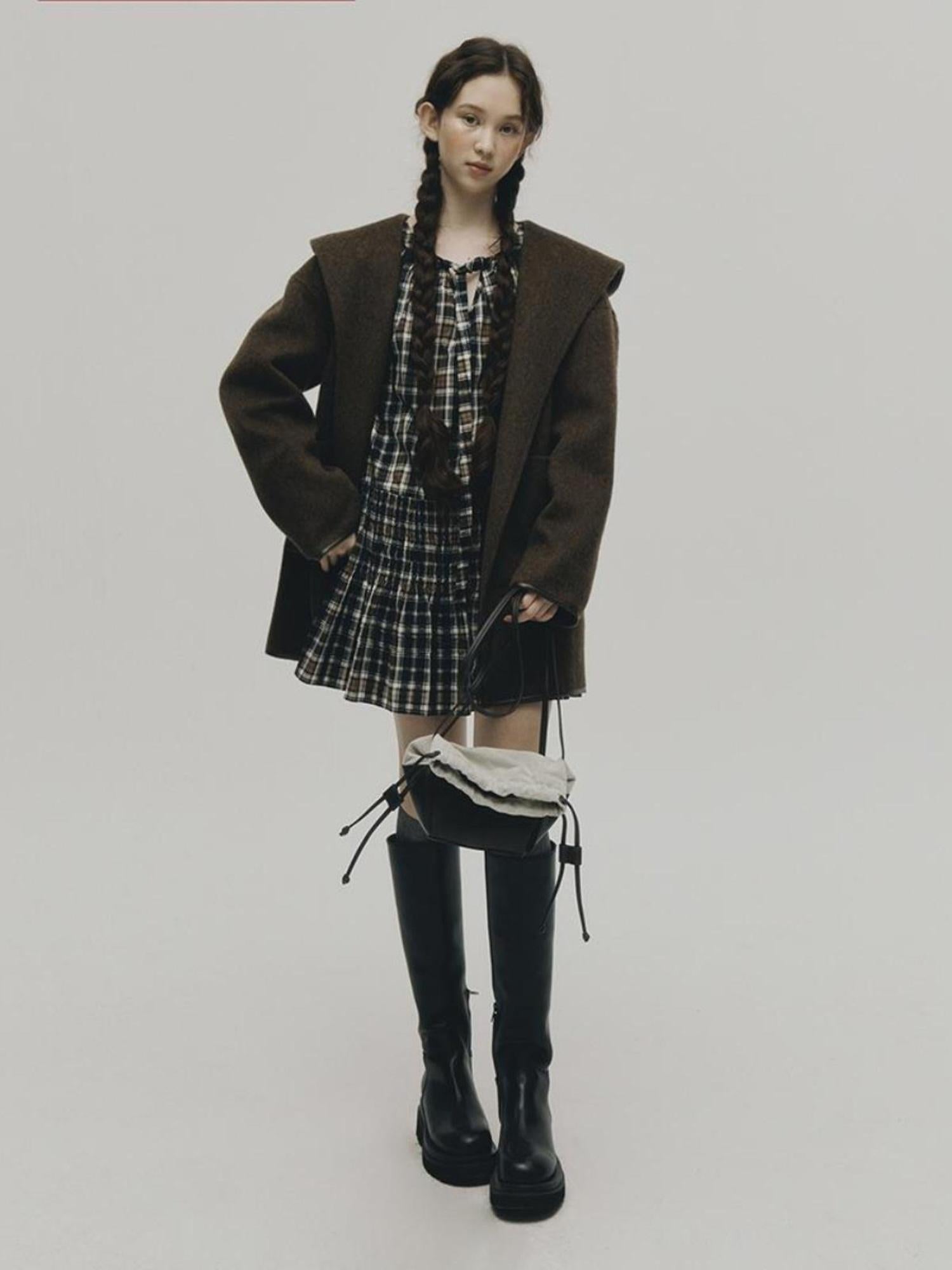 FUSSED Wool Mohair Double Faced Hooded Coat With Leather Trim