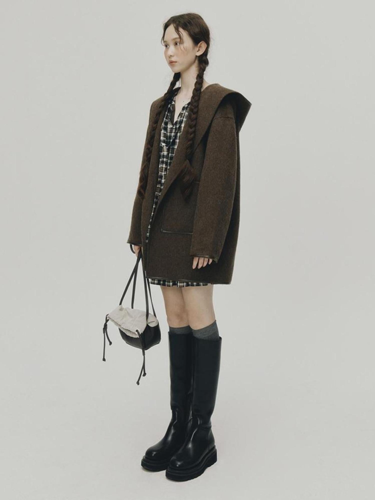 FUSSED Wool Mohair Double Faced Hooded Coat With Leather Trim