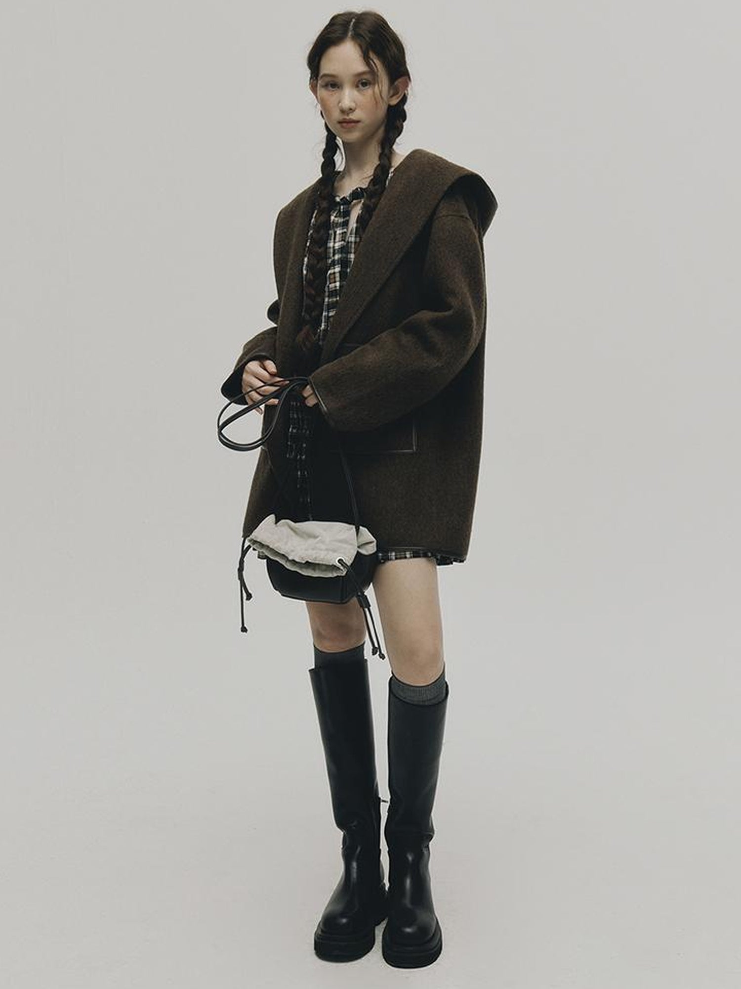 FUSSED Wool Mohair Double Faced Hooded Coat With Leather Trim