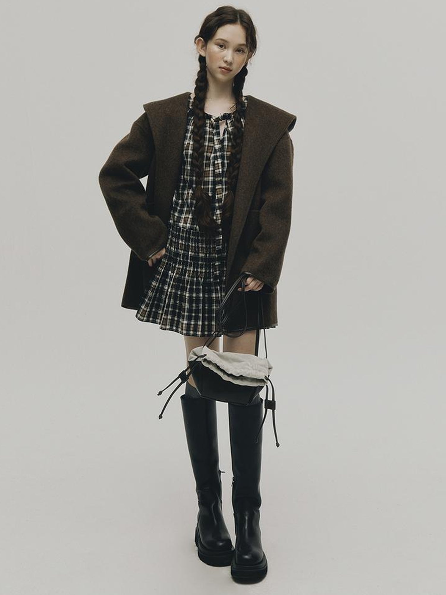 FUSSED Wool Mohair Double Faced Hooded Coat With Leather Trim