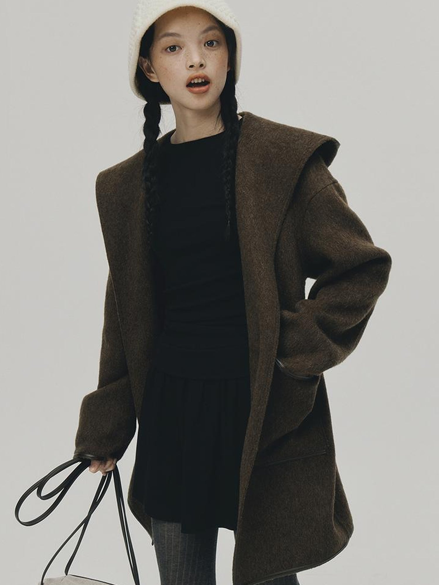 FUSSED Wool Mohair Double Faced Hooded Coat With Leather Trim